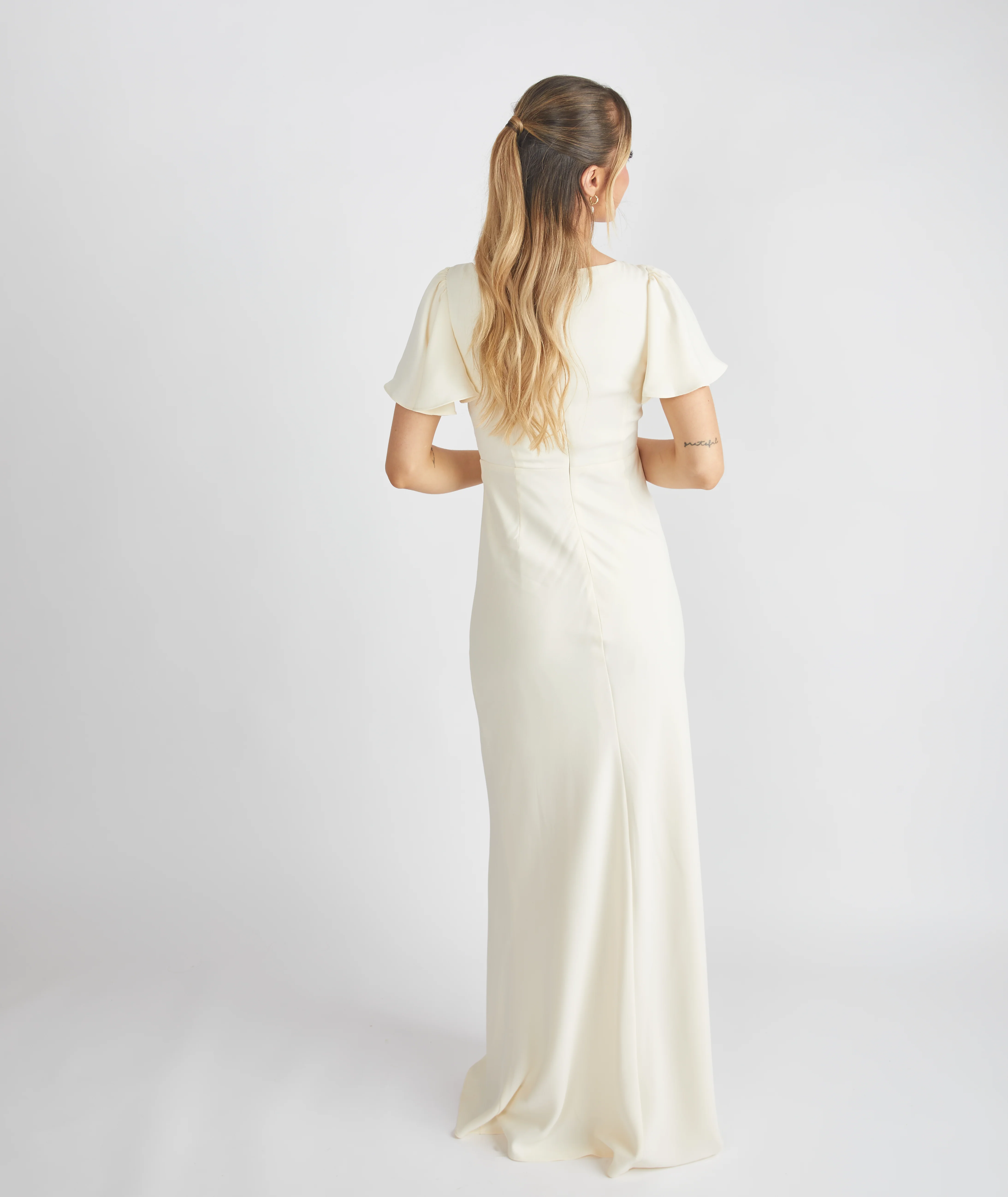 Flutter Sleeve Crepe Bridesmaid Dress - Almond - Image 3