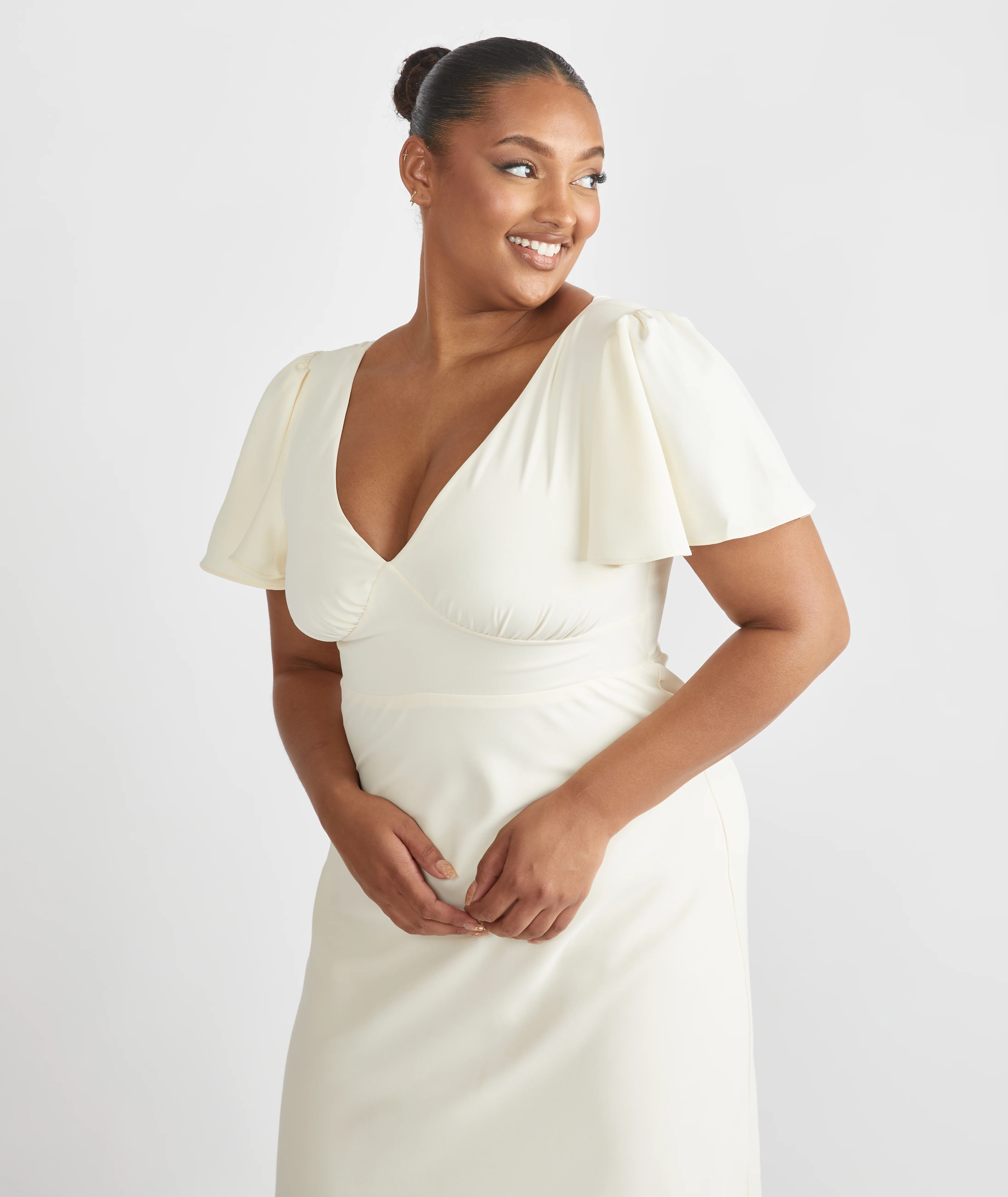 Flutter Sleeve Crepe Bridesmaid Dress - Almond - Image 5