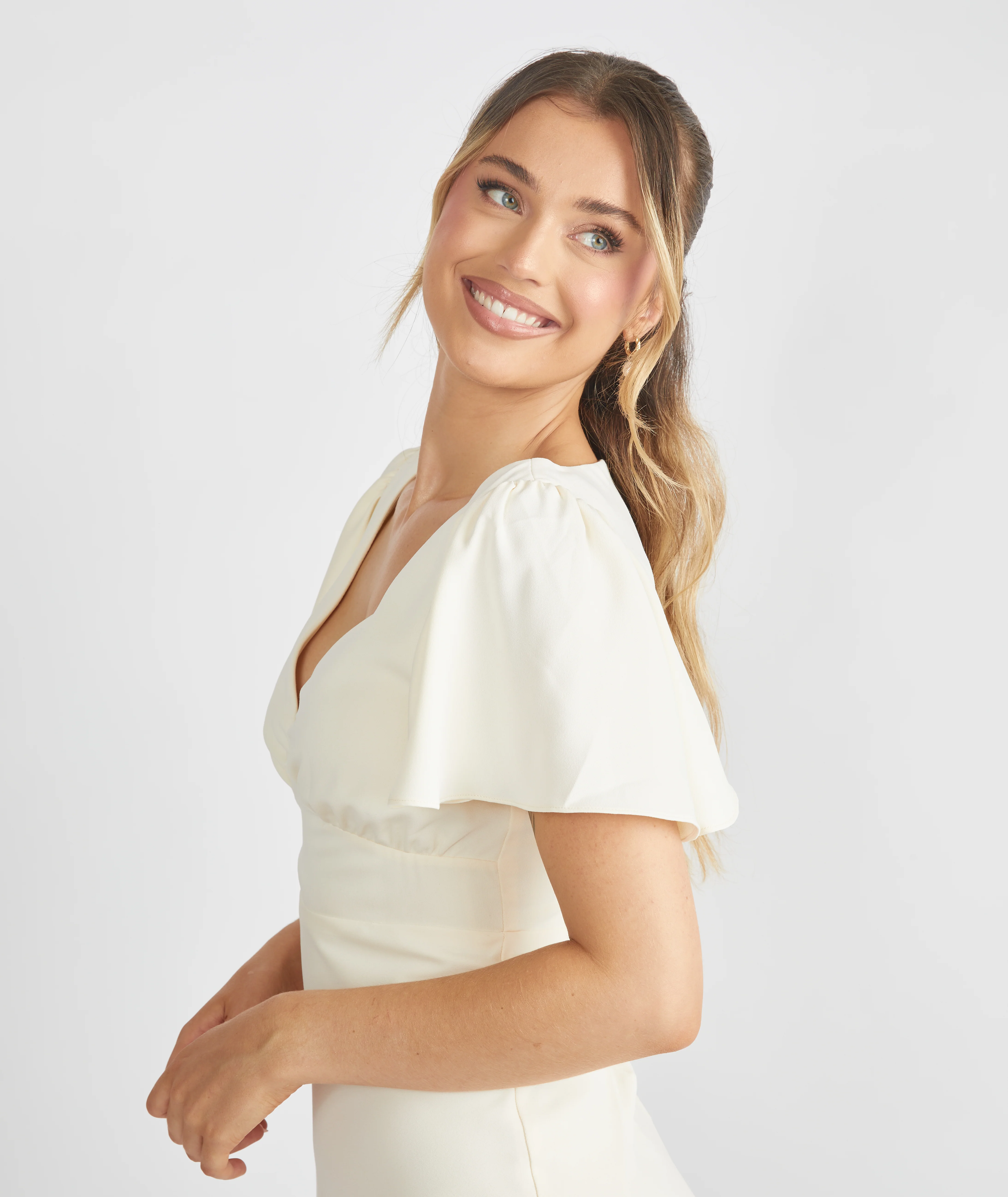 Flutter Sleeve Crepe Bridesmaid Dress - Almond - Image 6