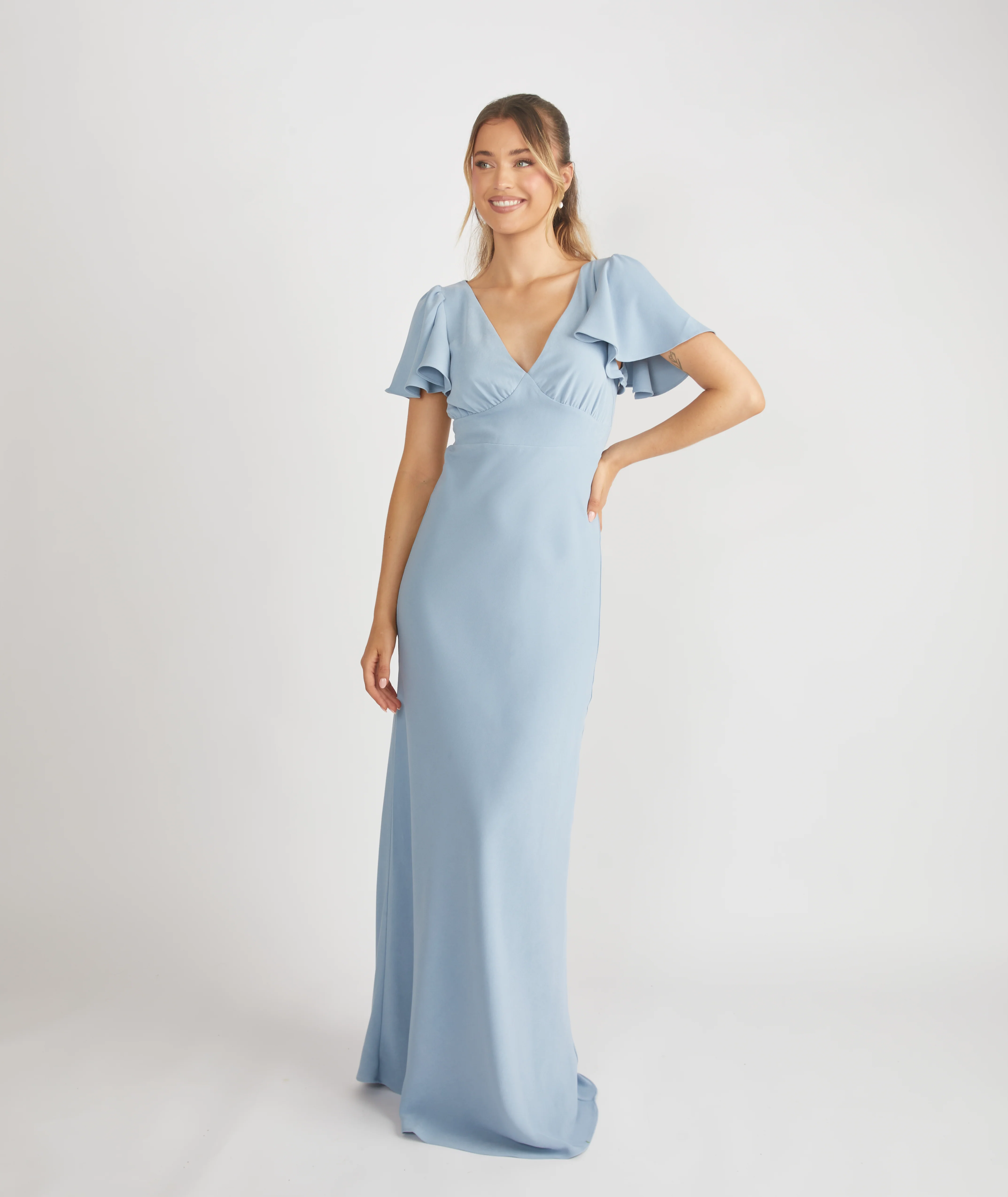 Flutter Sleeve Crepe Bridesmaid Dress - Pale Blue - Image 3