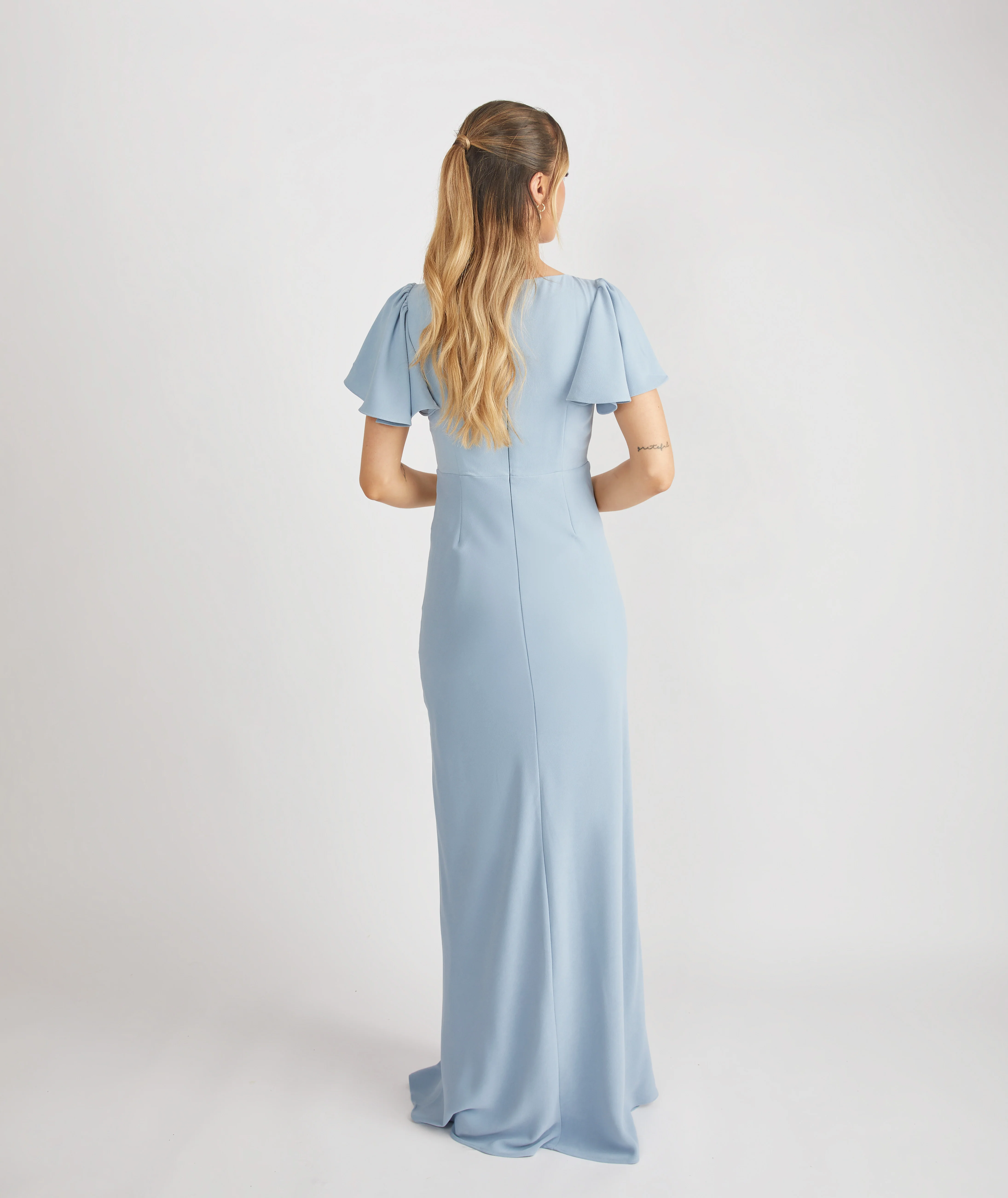 Flutter Sleeve Crepe Bridesmaid Dress - Pale Blue - Image 5