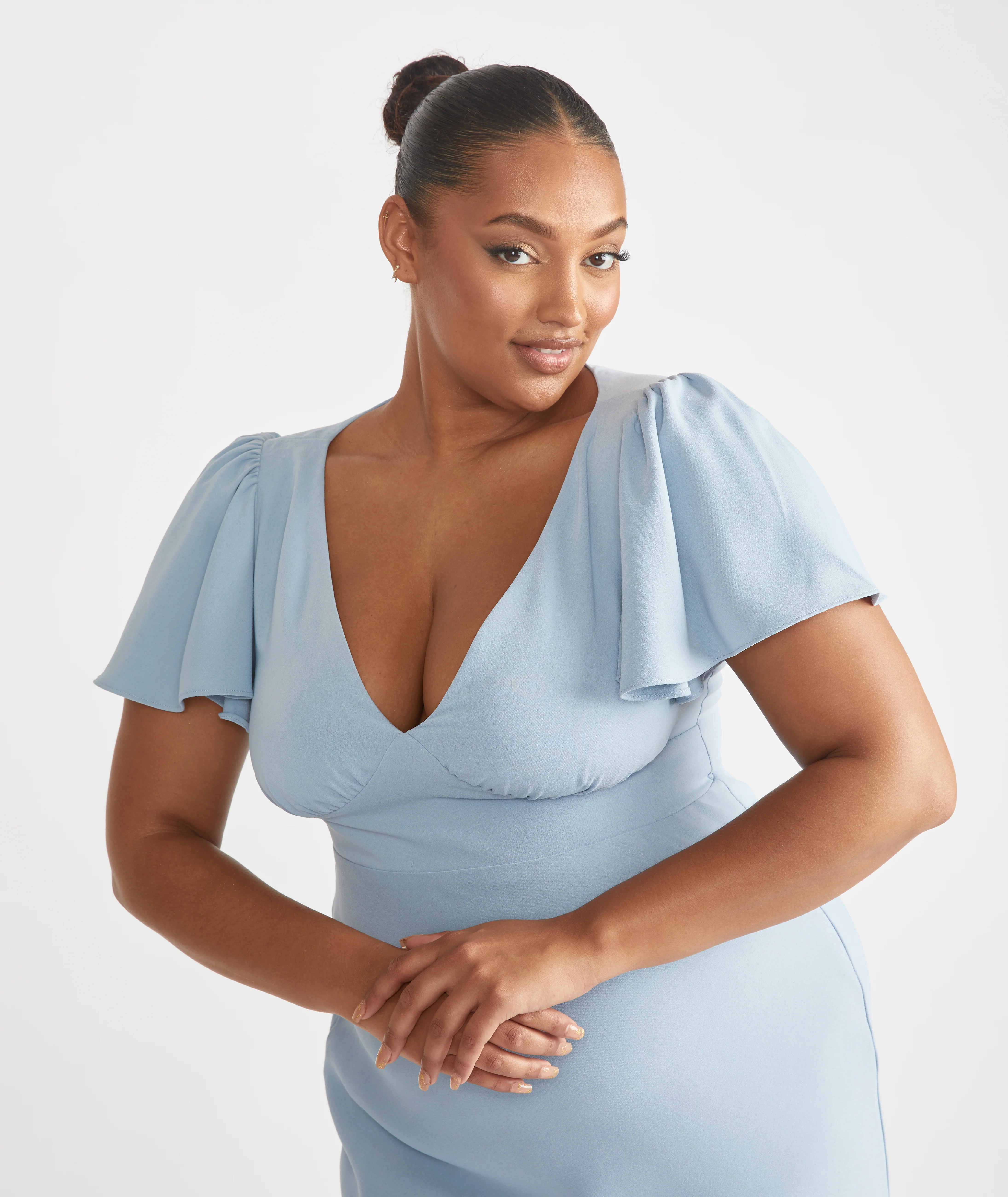 Flutter Sleeve Crepe Bridesmaid Dress - Pale Blue - Image 7