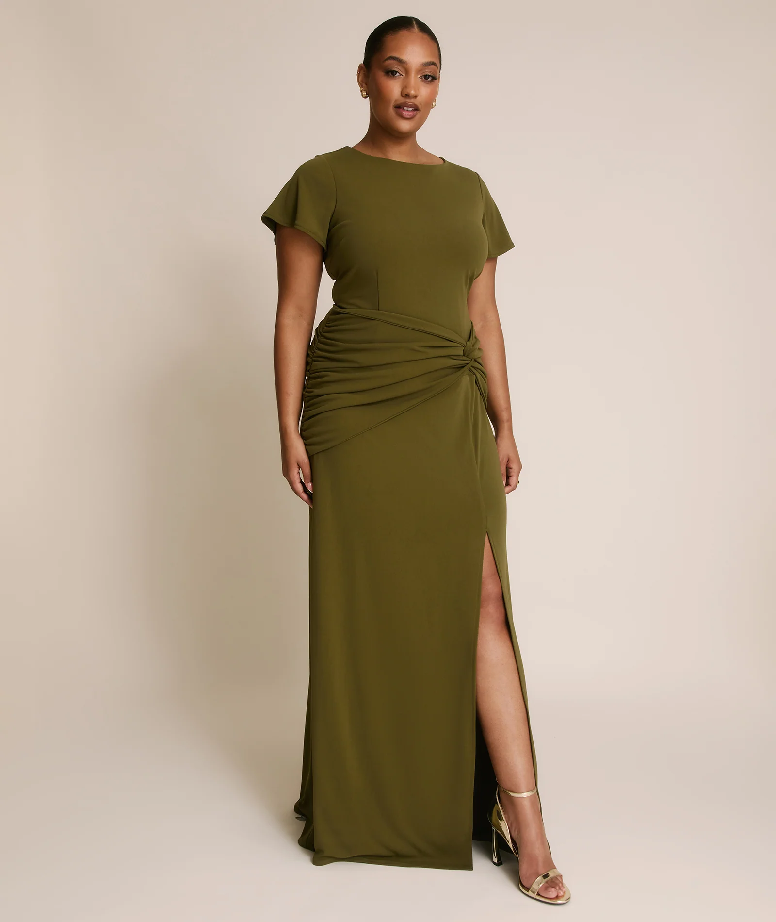 Flutter Sleeve Stretch Sculpt Bridesmaid Dress - Fern Green - Image 3