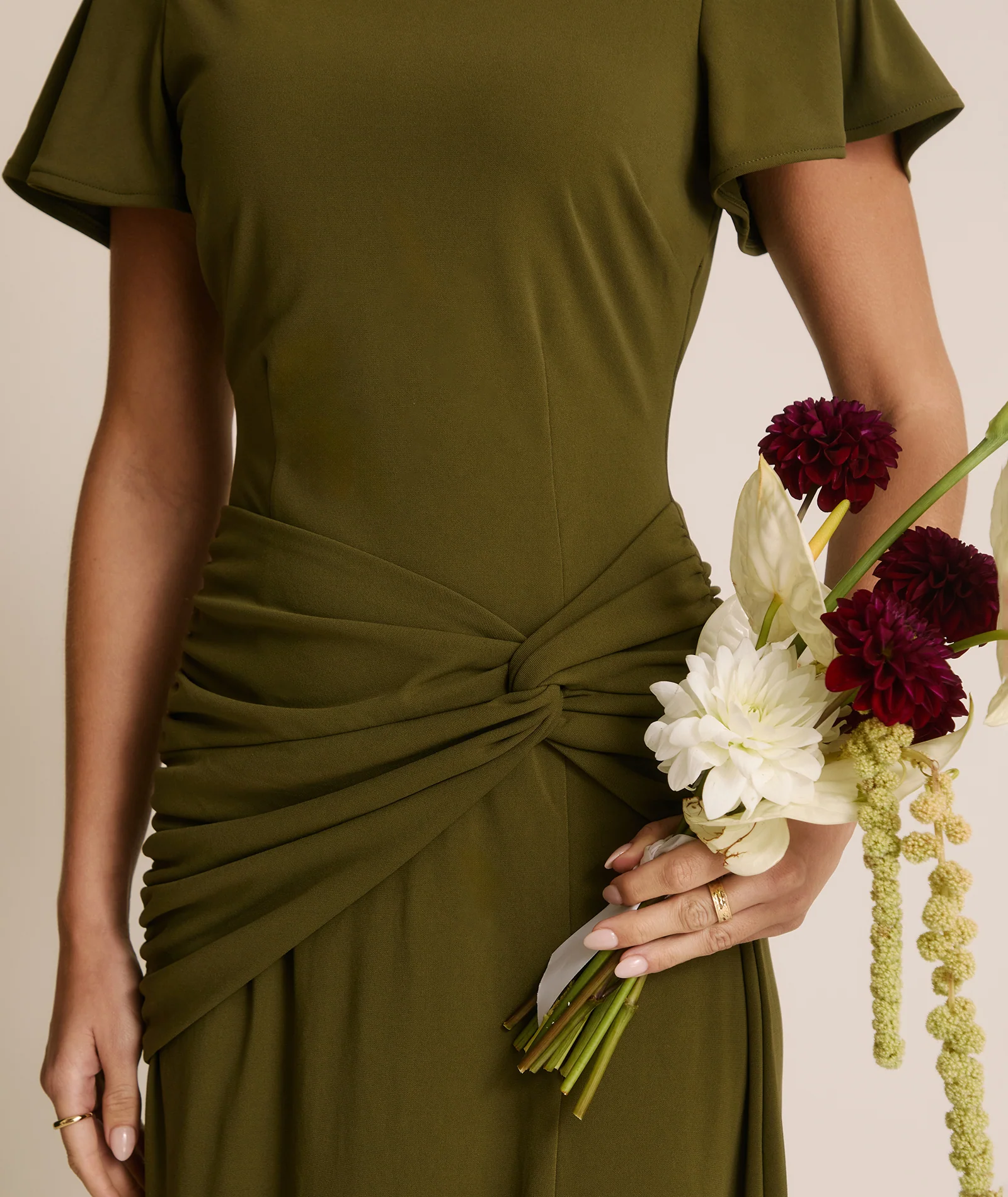 Flutter Sleeve Stretch Sculpt Bridesmaid Dress - Fern Green - Image 4