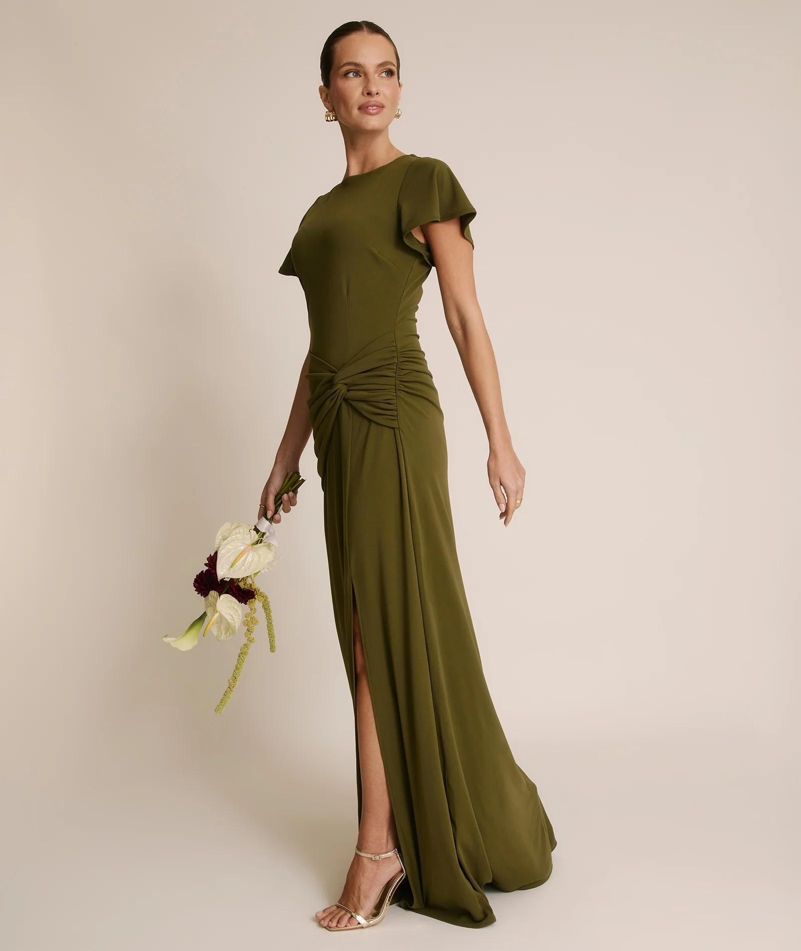 Flutter Sleeve Stretch Sculpt Bridesmaid Dress - Fern Green - Image 5
