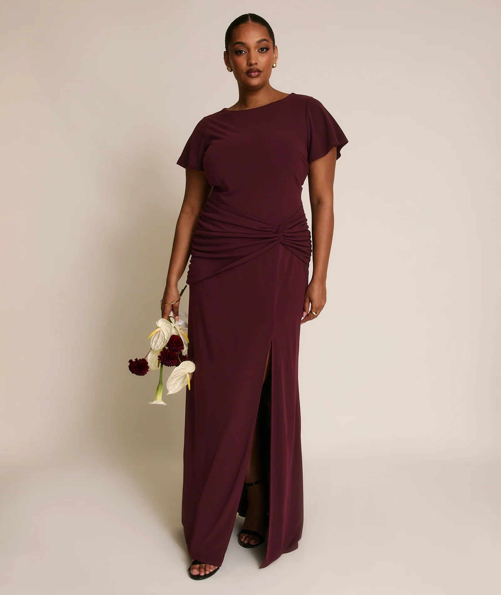 Flutter Sleeve Stretch Sculpt Bridesmaid Dress - Merlot - Image 3