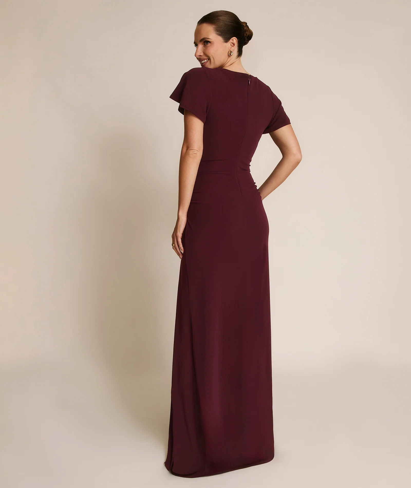 Flutter Sleeve Stretch Sculpt Bridesmaid Dress - Merlot - Image 4
