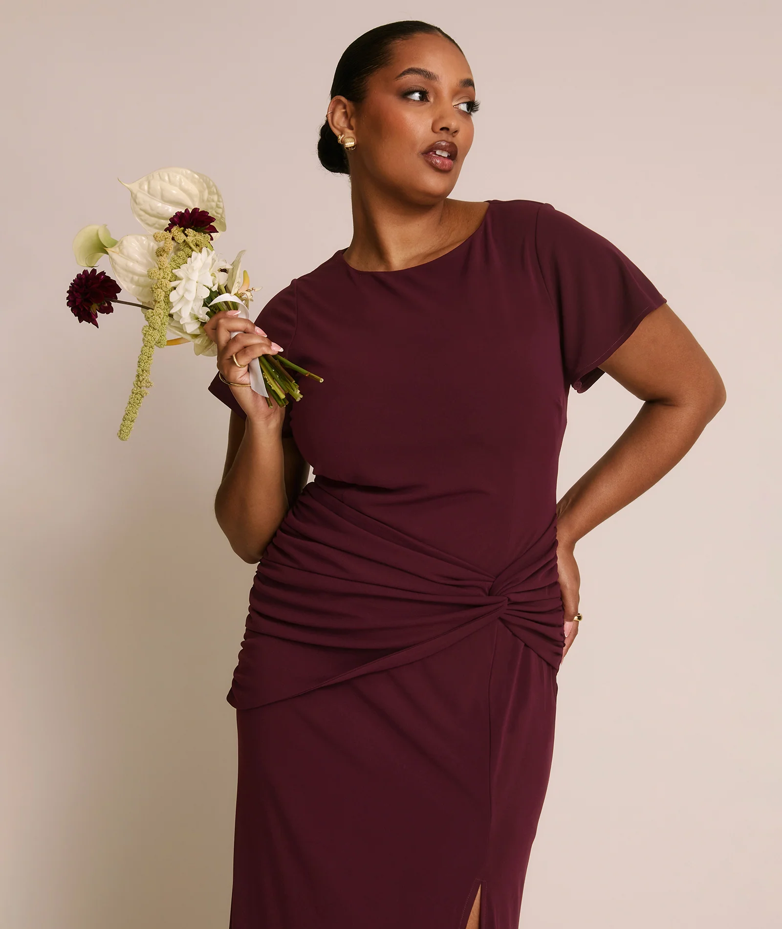 Flutter Sleeve Stretch Sculpt Bridesmaid Dress - Merlot - Image 5