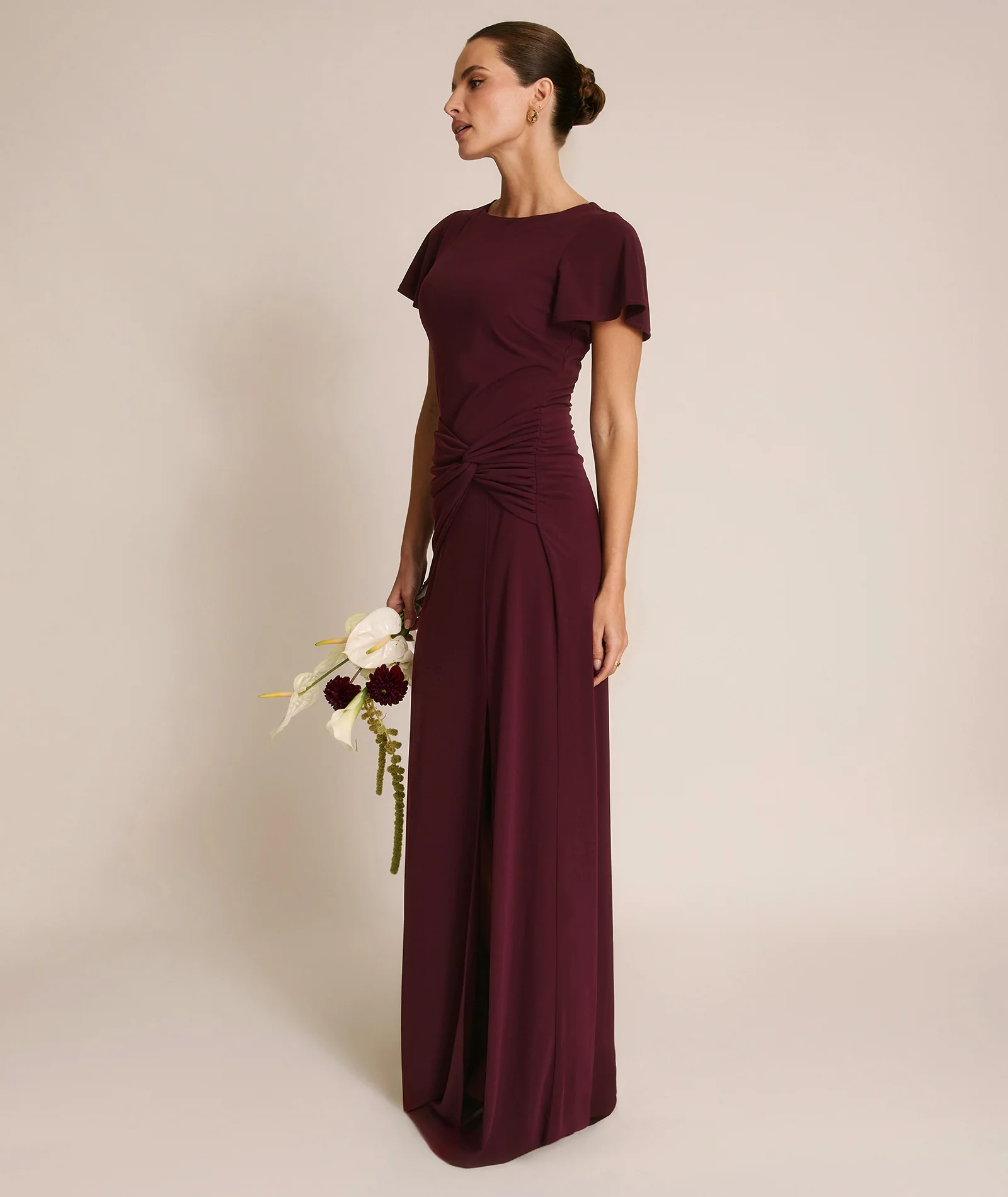 Flutter Sleeve Stretch Sculpt Bridesmaid Dress - Merlot - Image 6