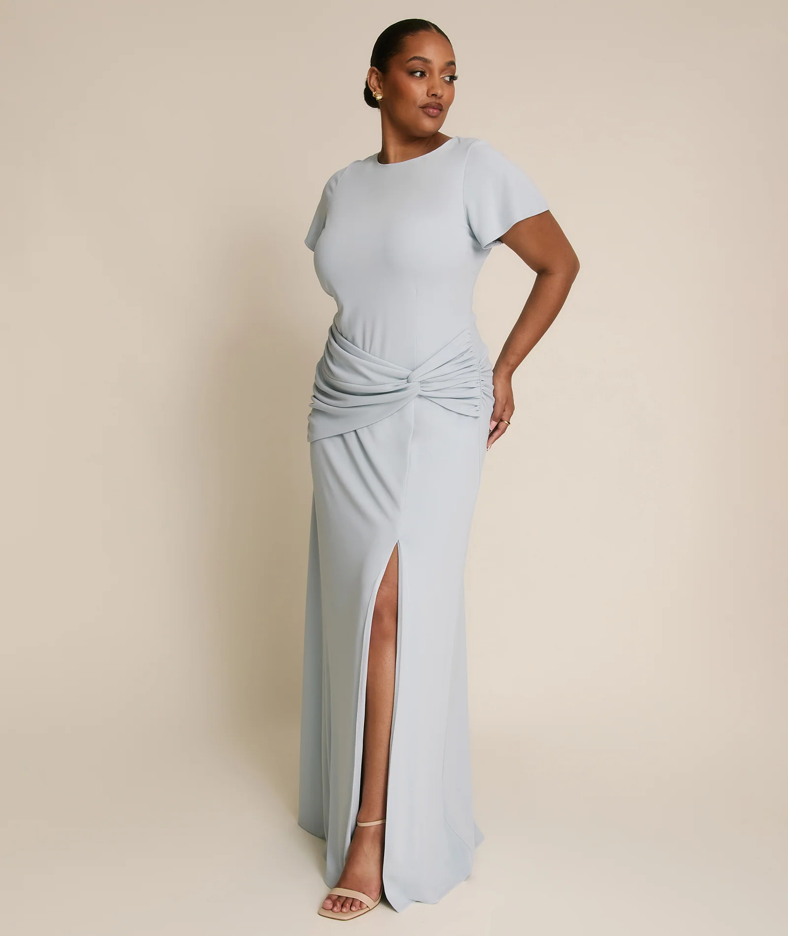 Flutter Sleeve Stretch Sculpt Bridesmaid Dress - Pale Blue - Image 3