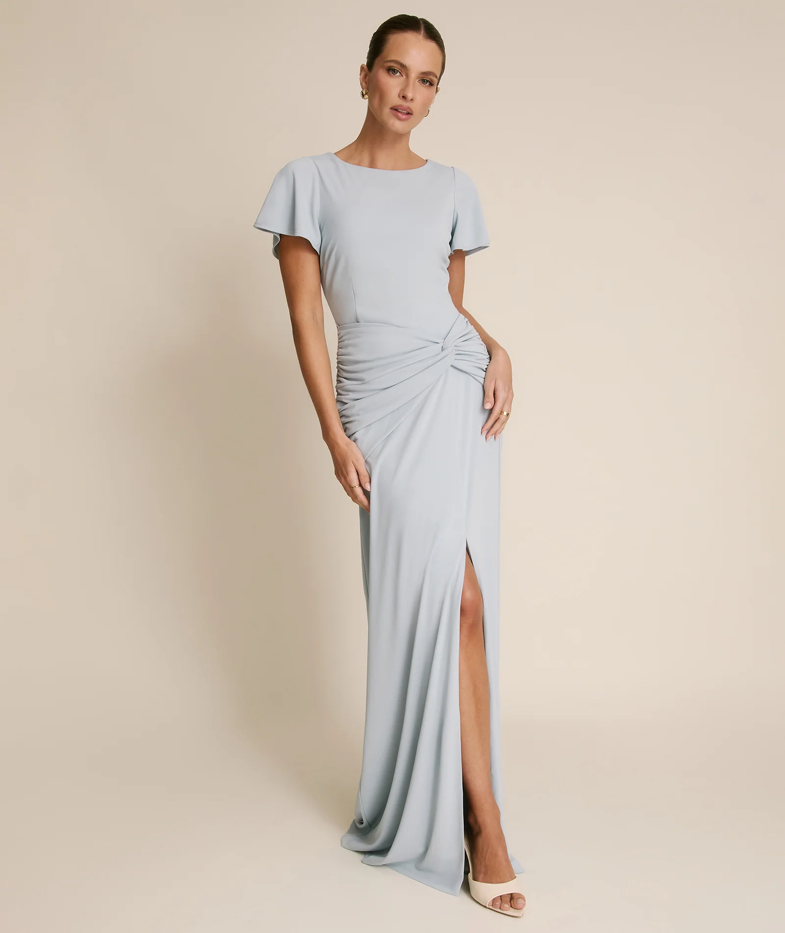 Flutter Sleeve Stretch Sculpt Bridesmaid Dress - Pale Blue - Image 6