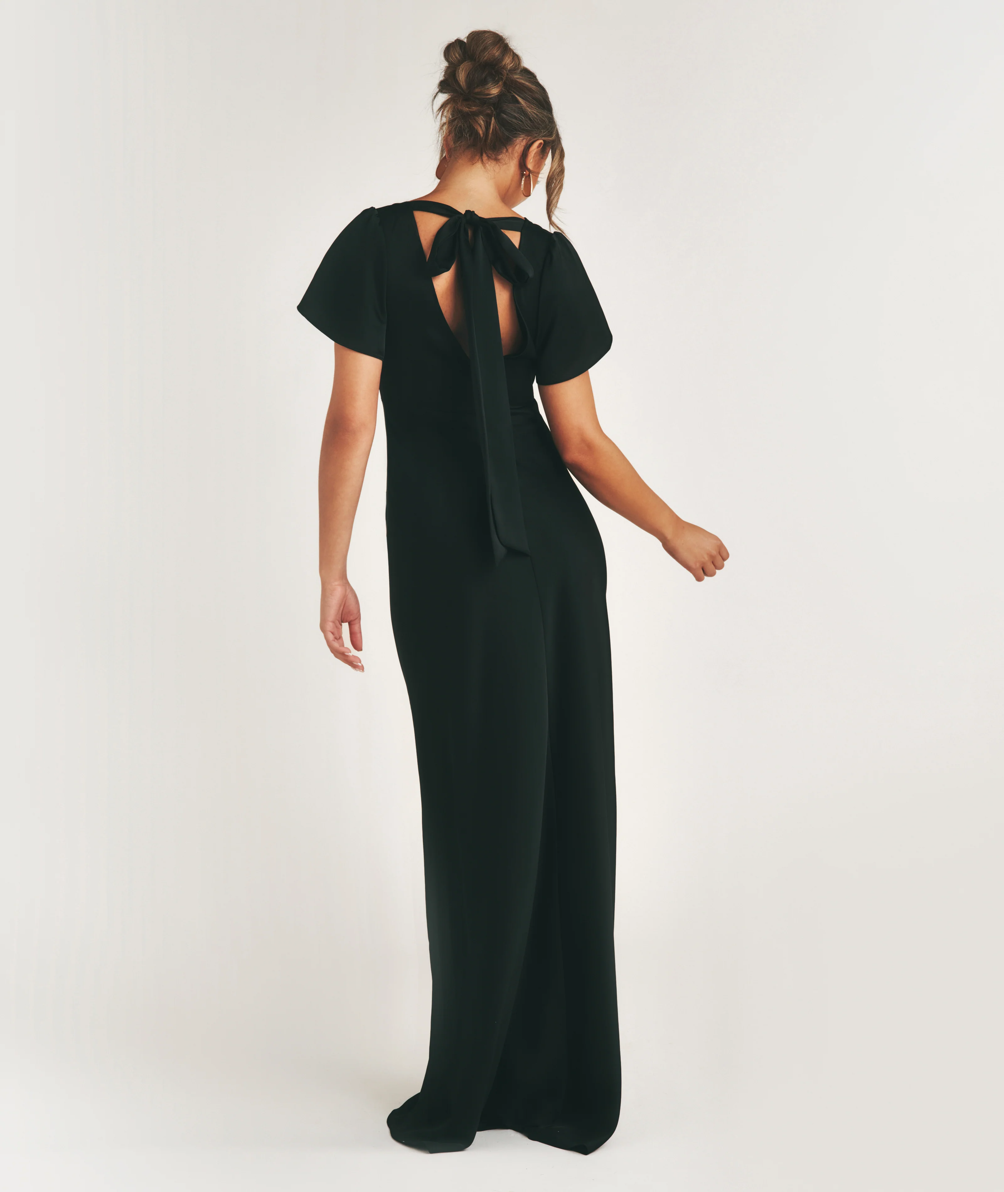 Flutter Sleeve Tie Back Satin Bridesmaid Dress - Black - Image 5