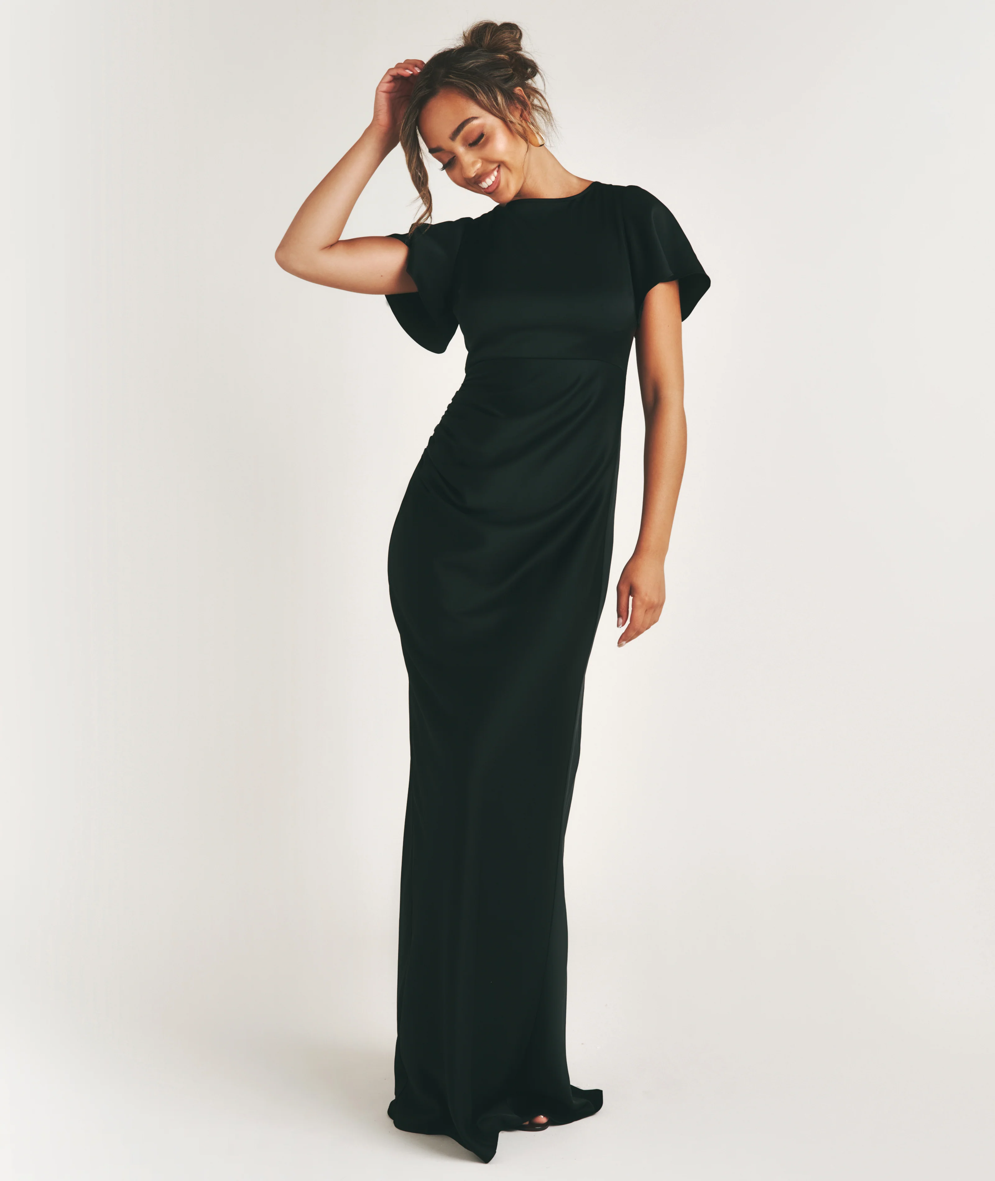 Flutter Sleeve Tie Back Satin Bridesmaid Dress - Black - Image 6