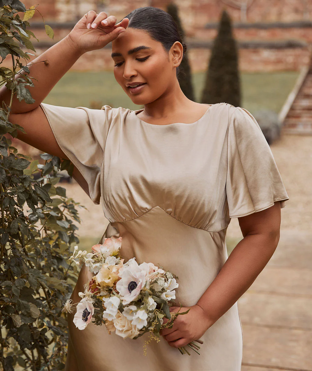 Gathered Bust Satin Bridesmaid Dress - Champagne - Image 3