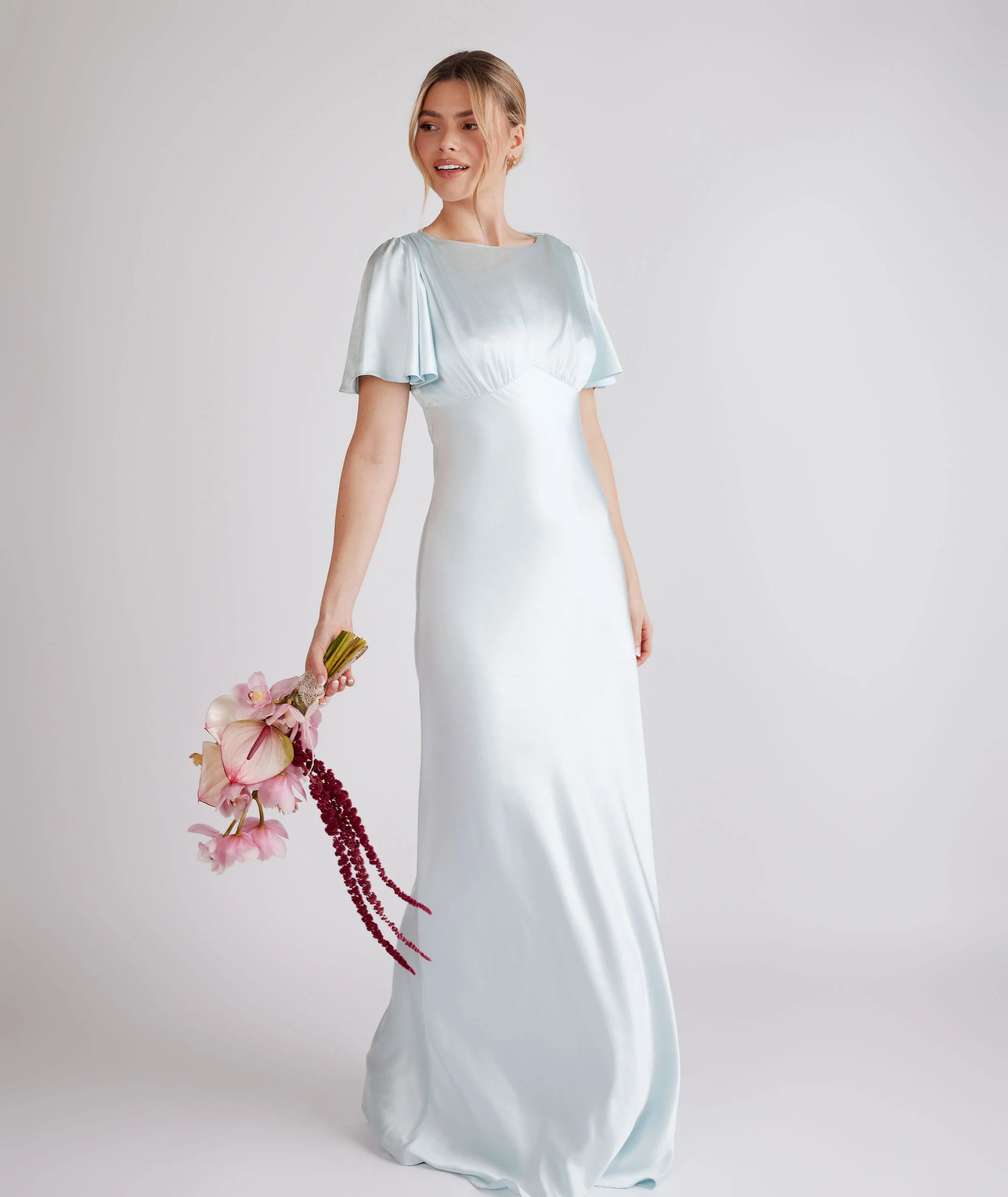 Gathered Bust Satin Bridesmaid Dress - Ice Blue
