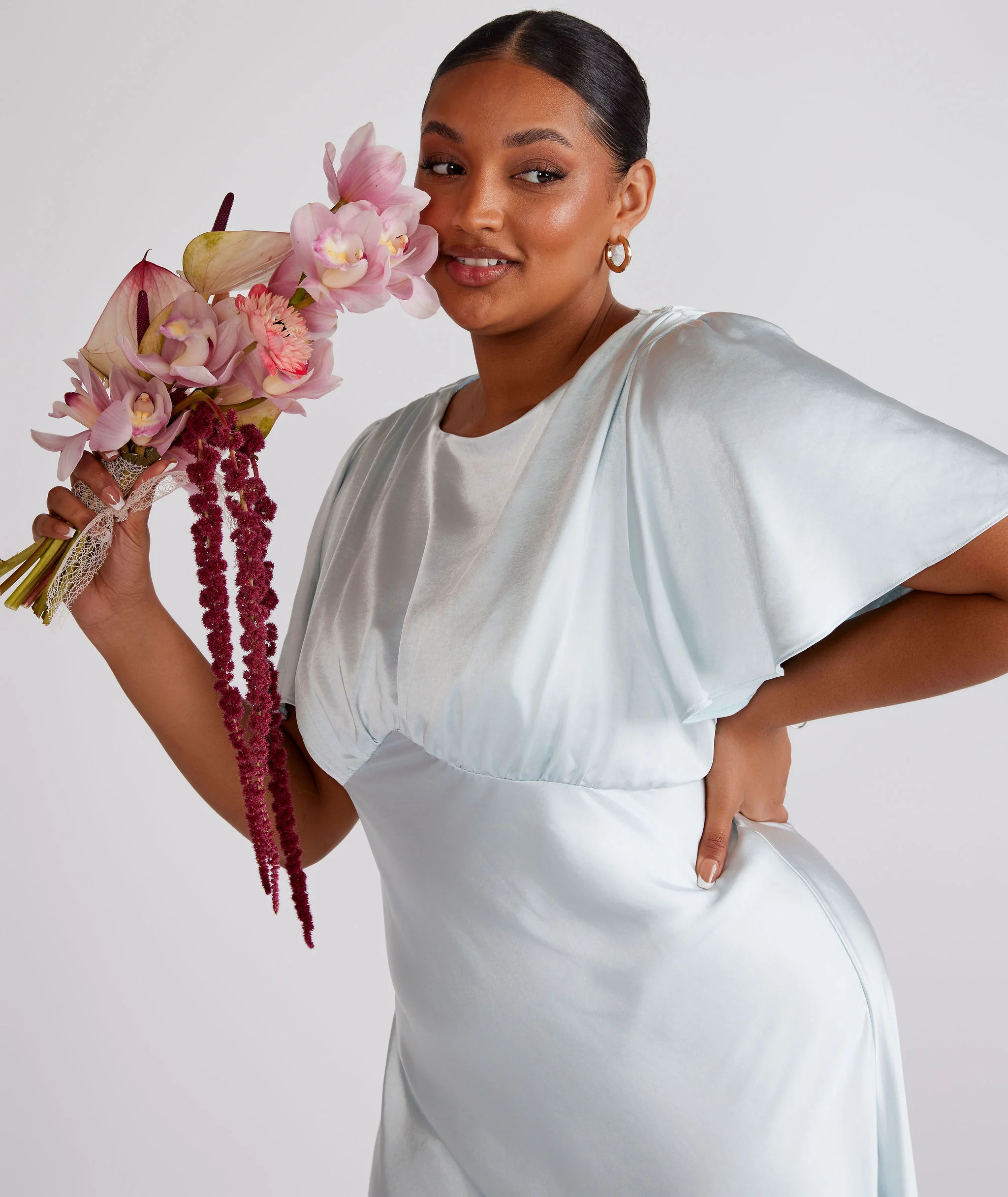Gathered Bust Satin Bridesmaid Dress - Ice Blue - Image 2