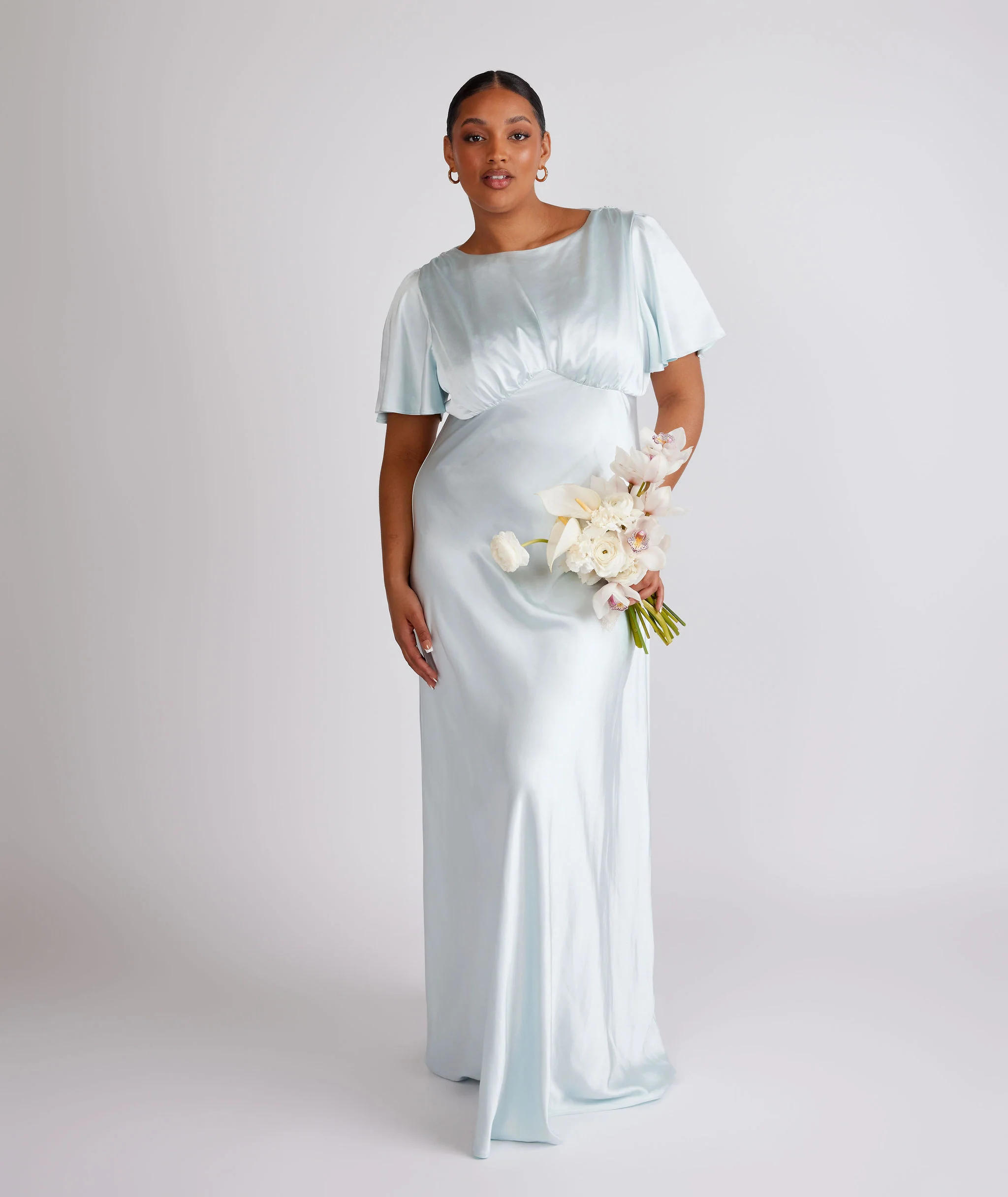 Gathered Bust Satin Bridesmaid Dress - Ice Blue - Image 3