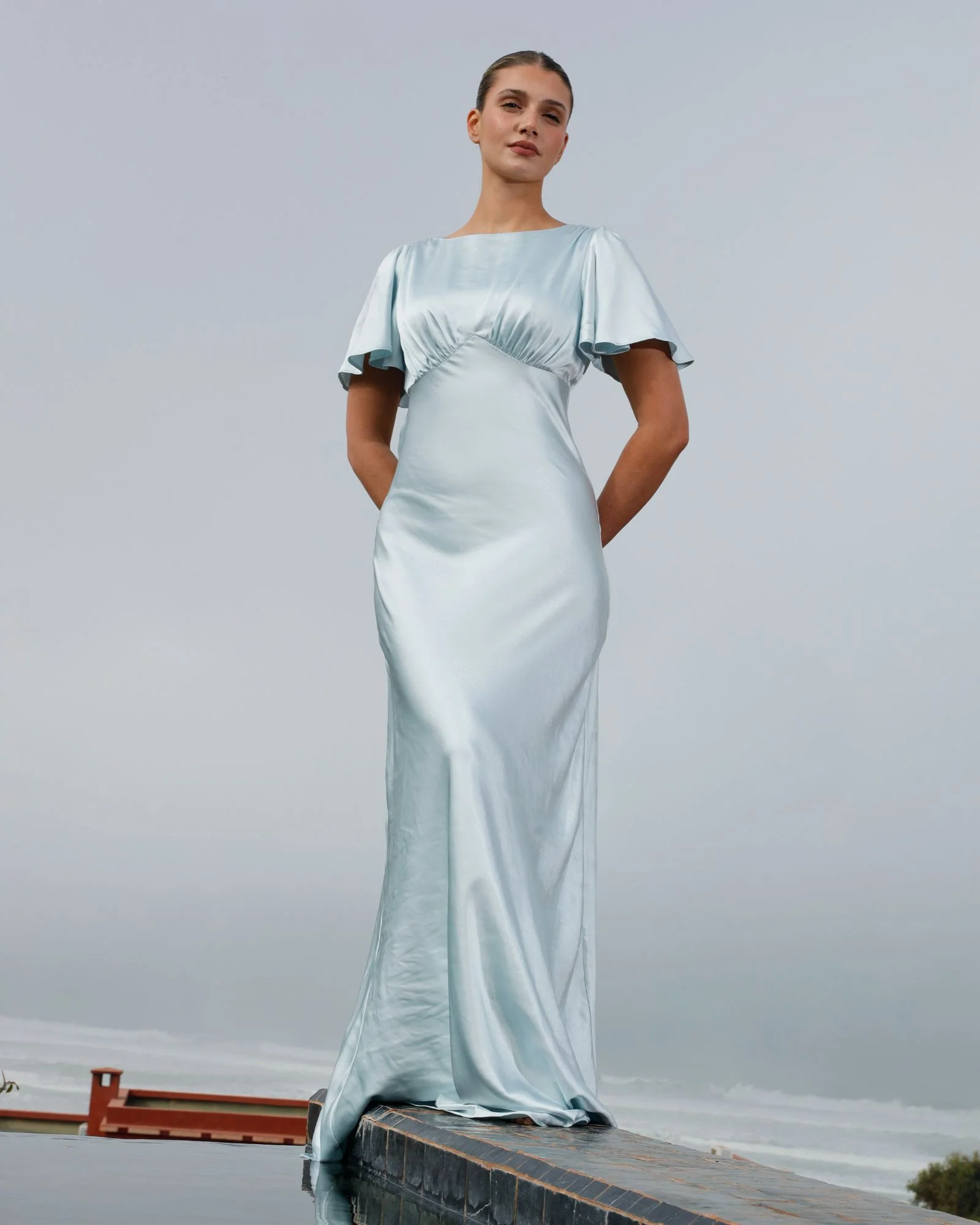 Gathered Bust Satin Bridesmaid Dress - Ice Blue - Image 7