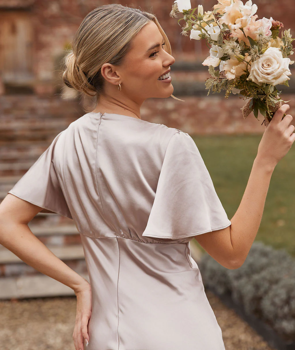 Gathered Bust Satin Bridesmaid Dress - Oyster - Image 4
