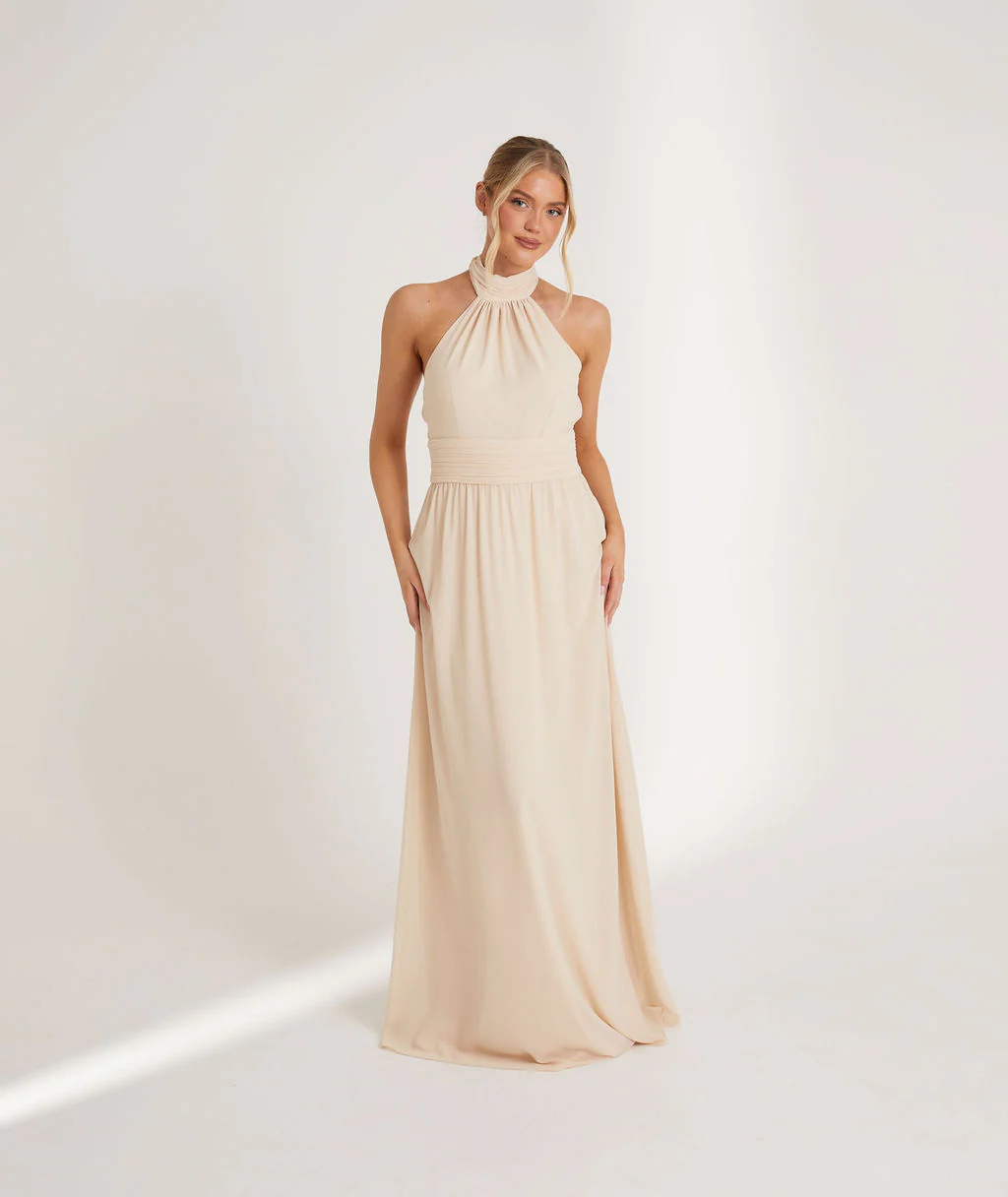 Halter Neck Chiffon Bridesmaid Dress - Butter Cream - Image 4
