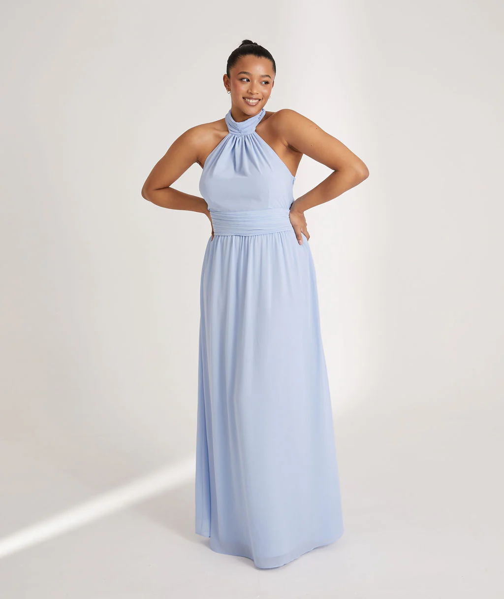 Halter Neck Chiffon Bridesmaid Dress - Cornflower Blue - Image 4