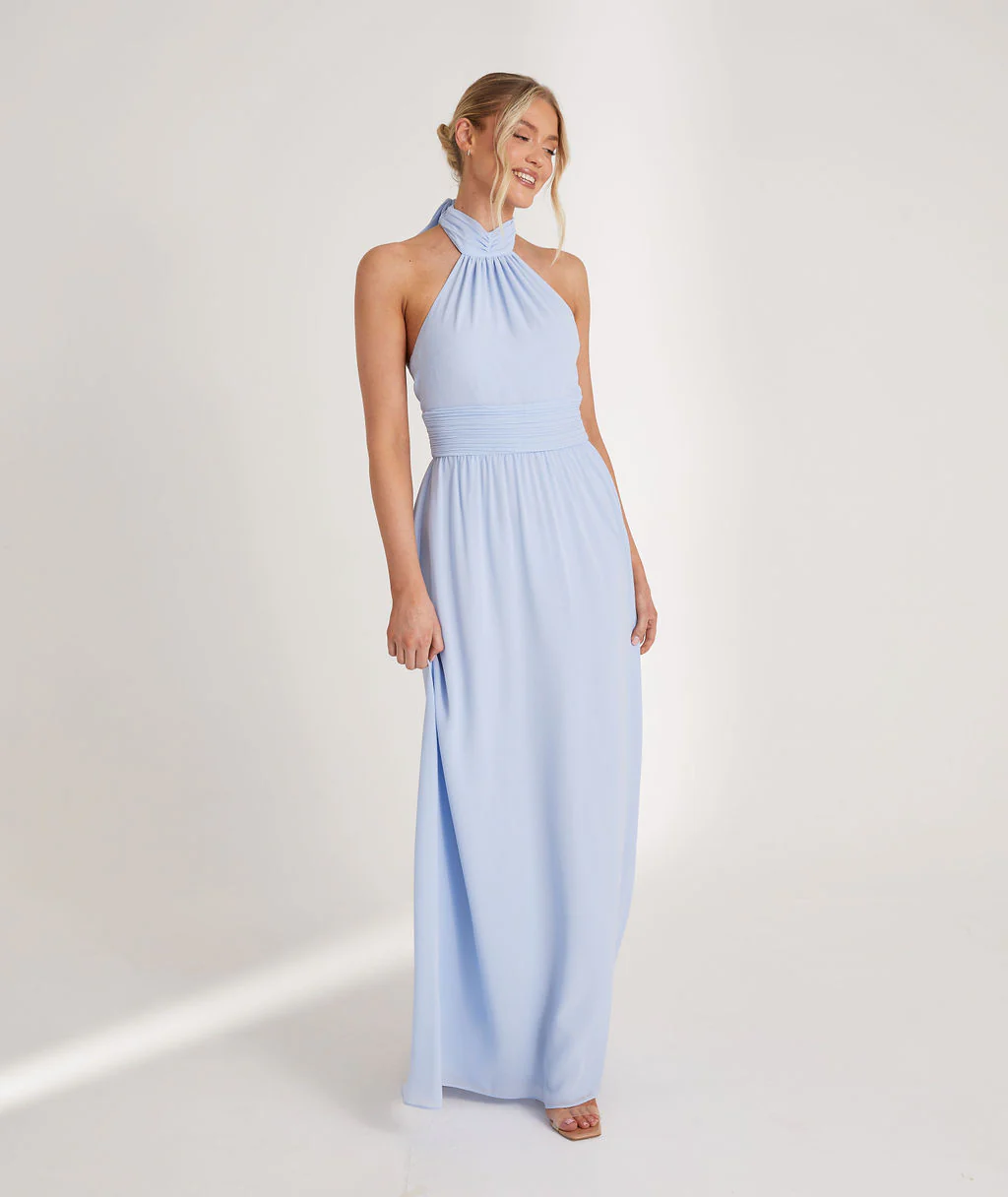 Halter Neck Chiffon Bridesmaid Dress - Cornflower Blue - Image 6