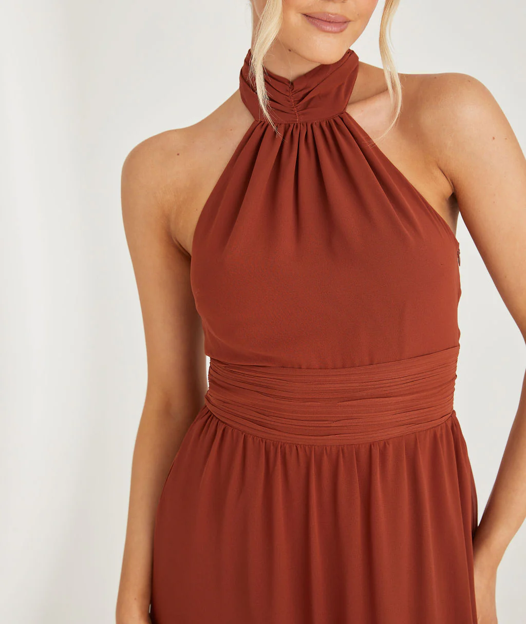 Halter Neck Chiffon Bridesmaid Dress - Rust - Image 3