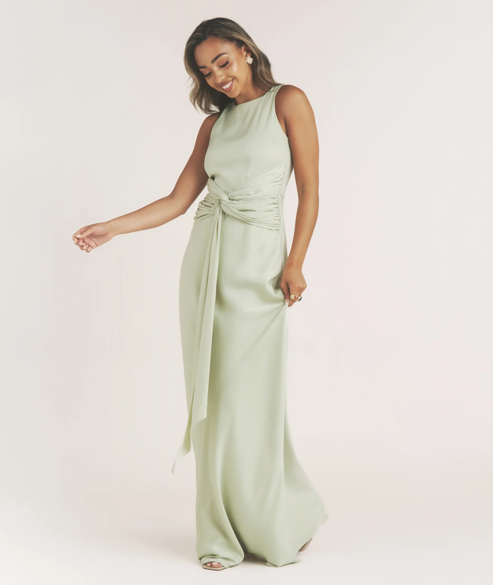 Twist Drape Satin Maxi Dress - Sage - Image 6