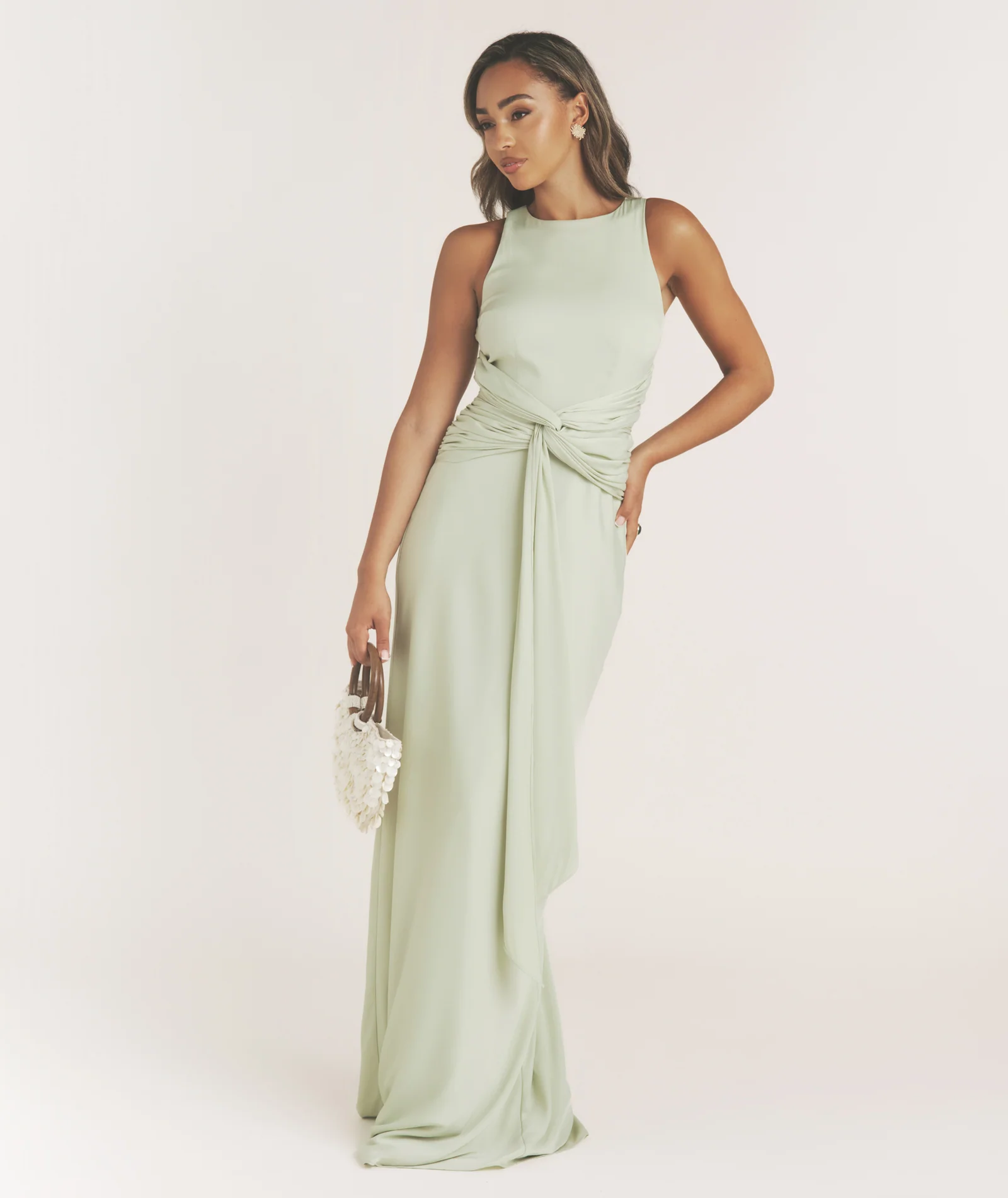 Twist Drape Satin Maxi Dress - Sage - Image 7