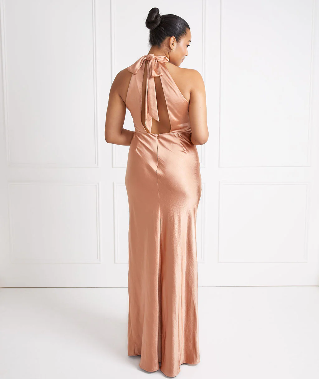 Halter Neck Satin Bridesmaid Dress - Burnt Peach - Image 3