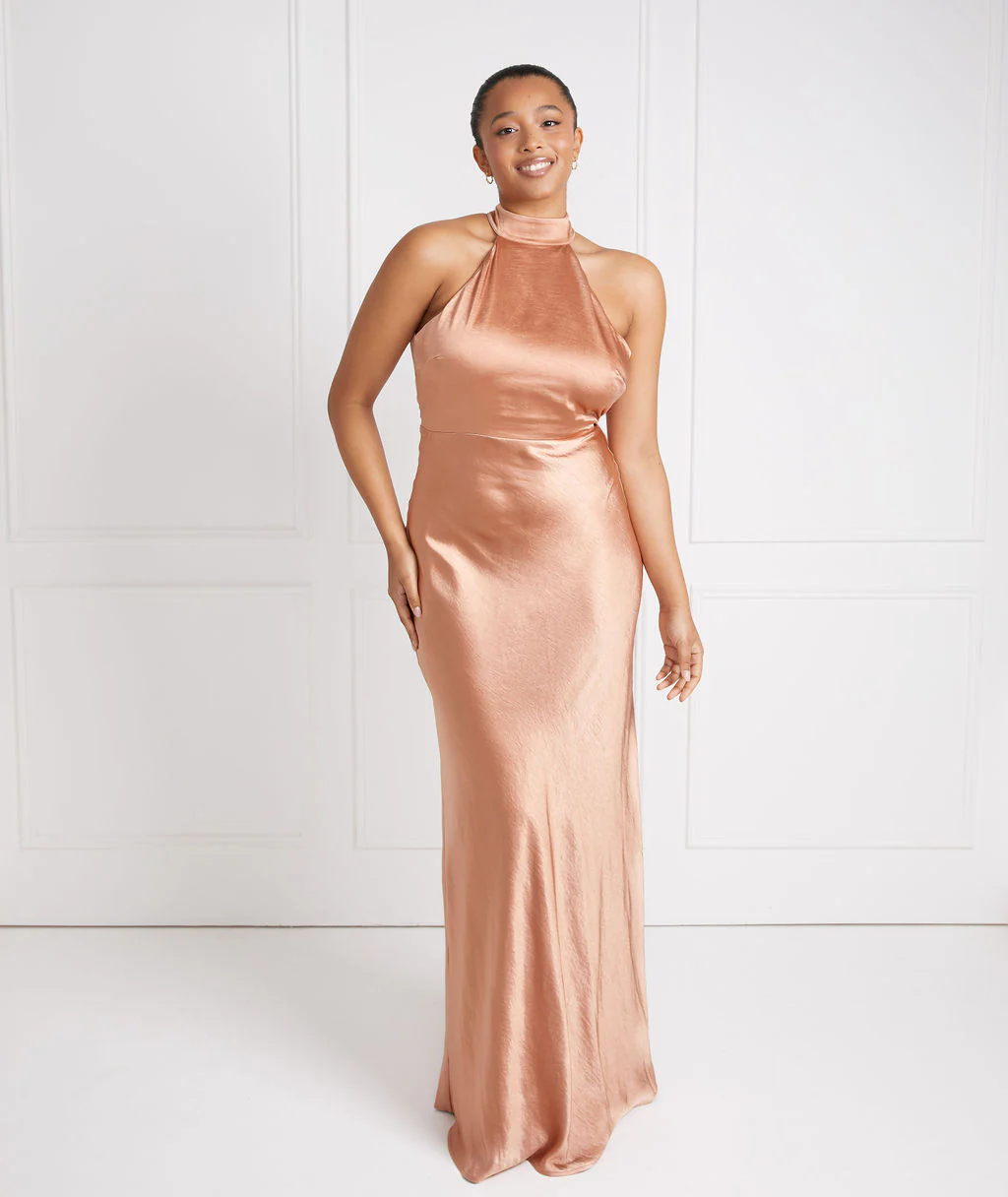 Halter Neck Satin Bridesmaid Dress - Burnt Peach - Image 4