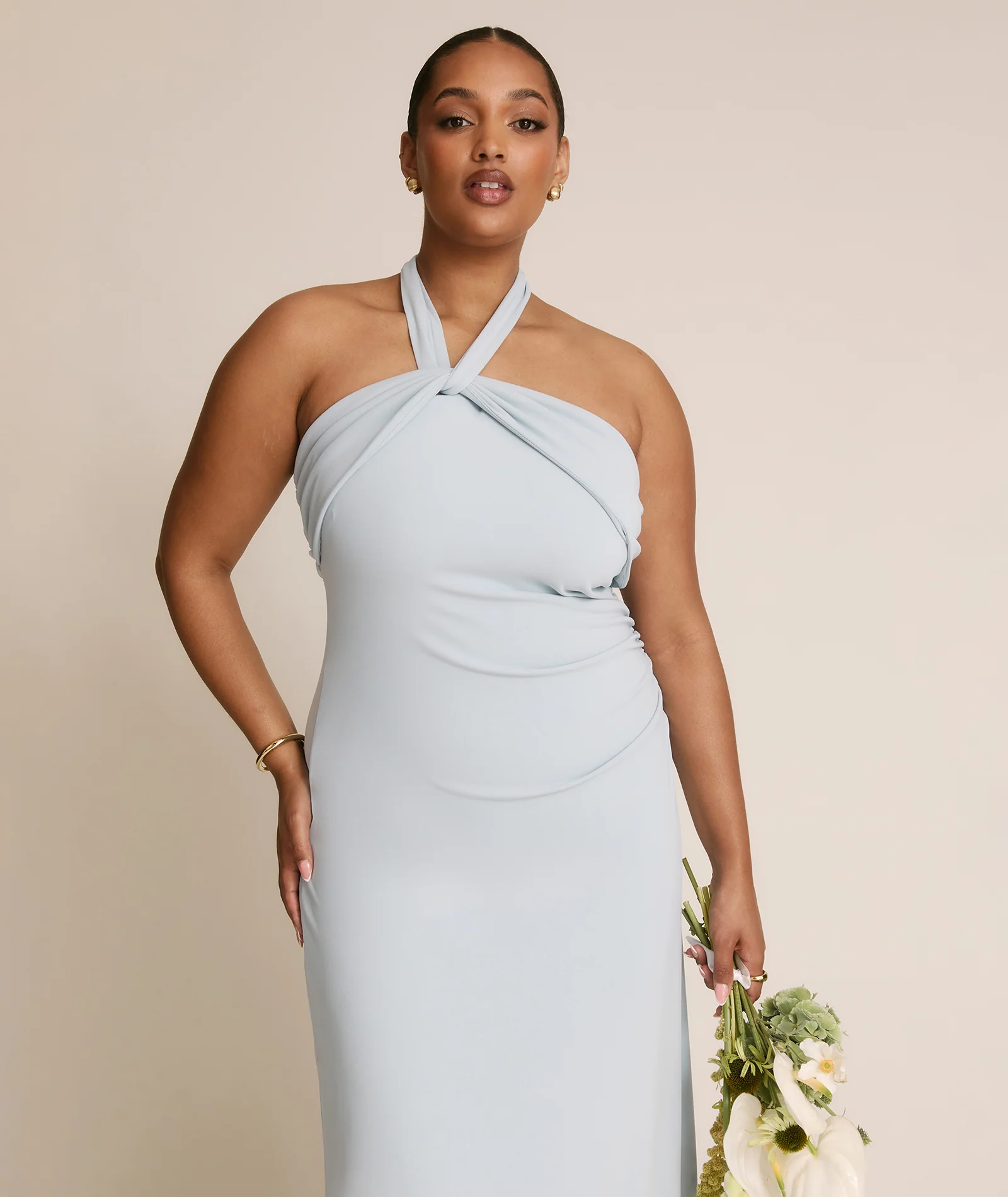 Halter Neck Stretch Sculpt Bridesmaid Dress - Pale Blue - Image 3