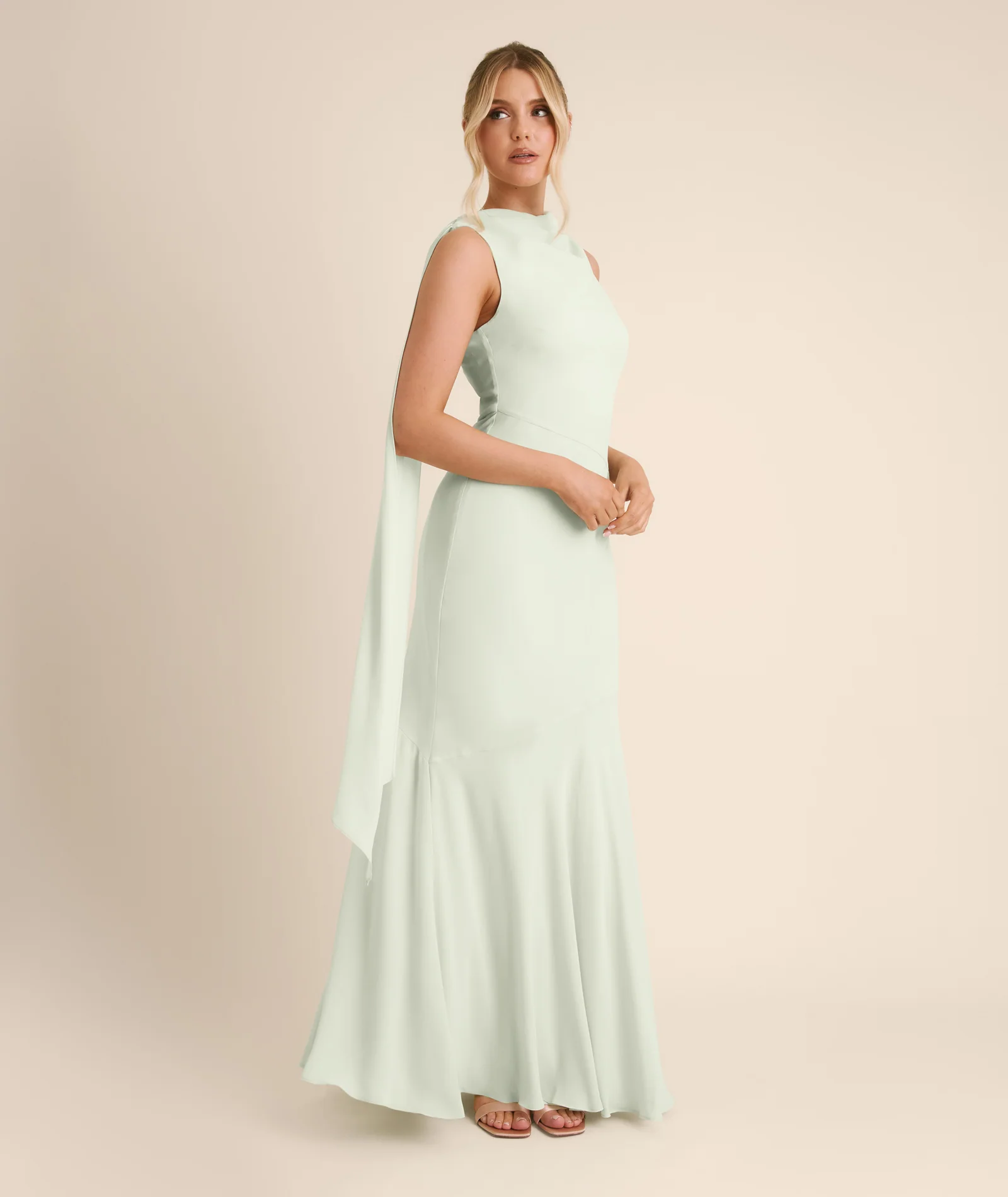 High Cowl Neck Drape Chiffon Bridesmaid Dress - Mint Green - Image 5