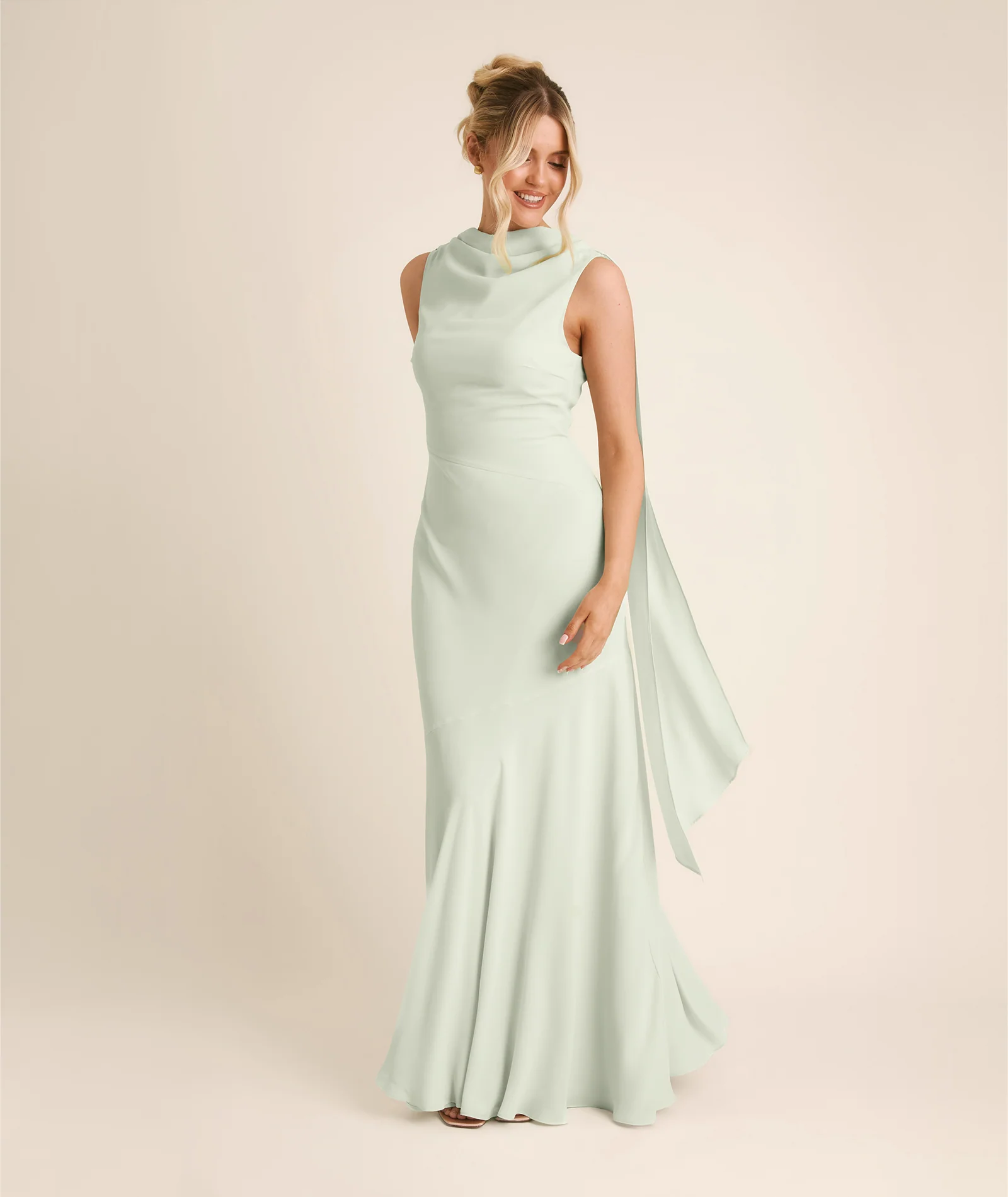 High Cowl Neck Drape Chiffon Bridesmaid Dress - Mint Green - Image 7