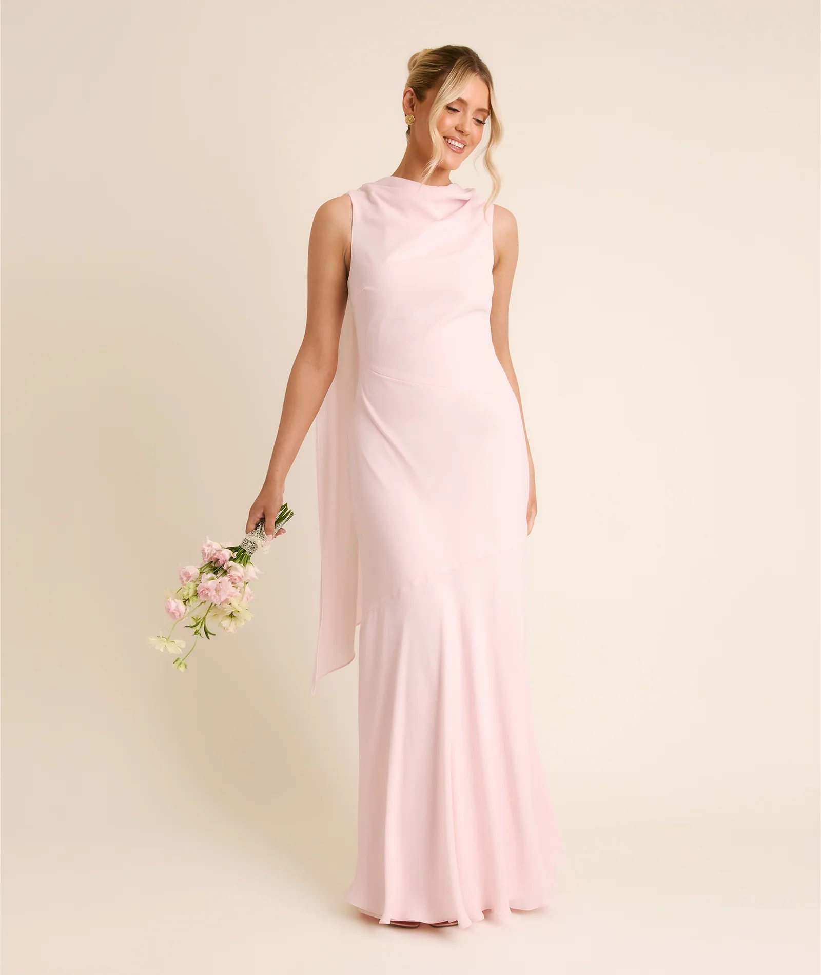 High Cowl Neck Drape Chiffon Bridesmaid Dress - Blush Pink - Image 3
