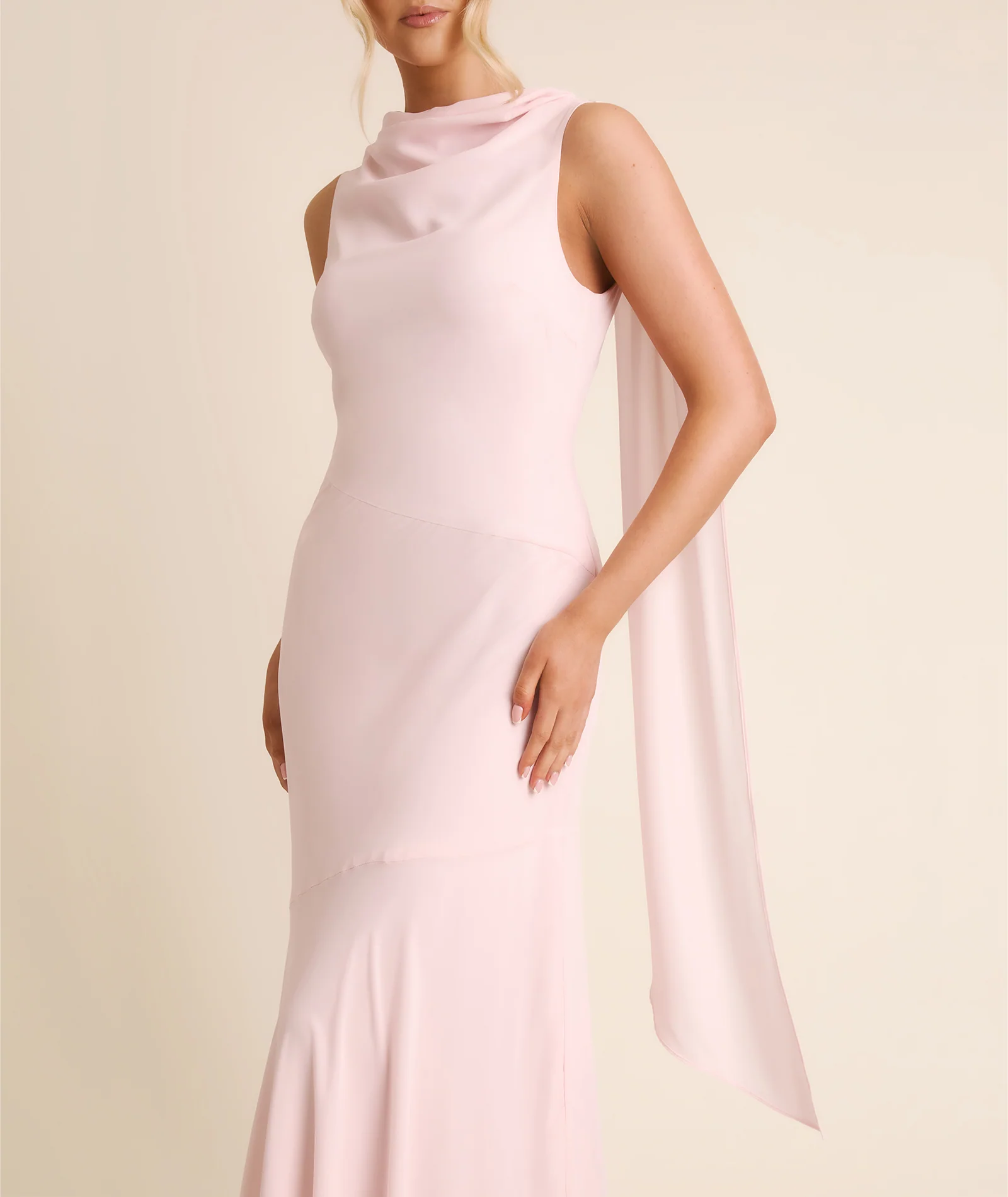 High Cowl Neck Drape Chiffon Bridesmaid Dress - Blush Pink - Image 4