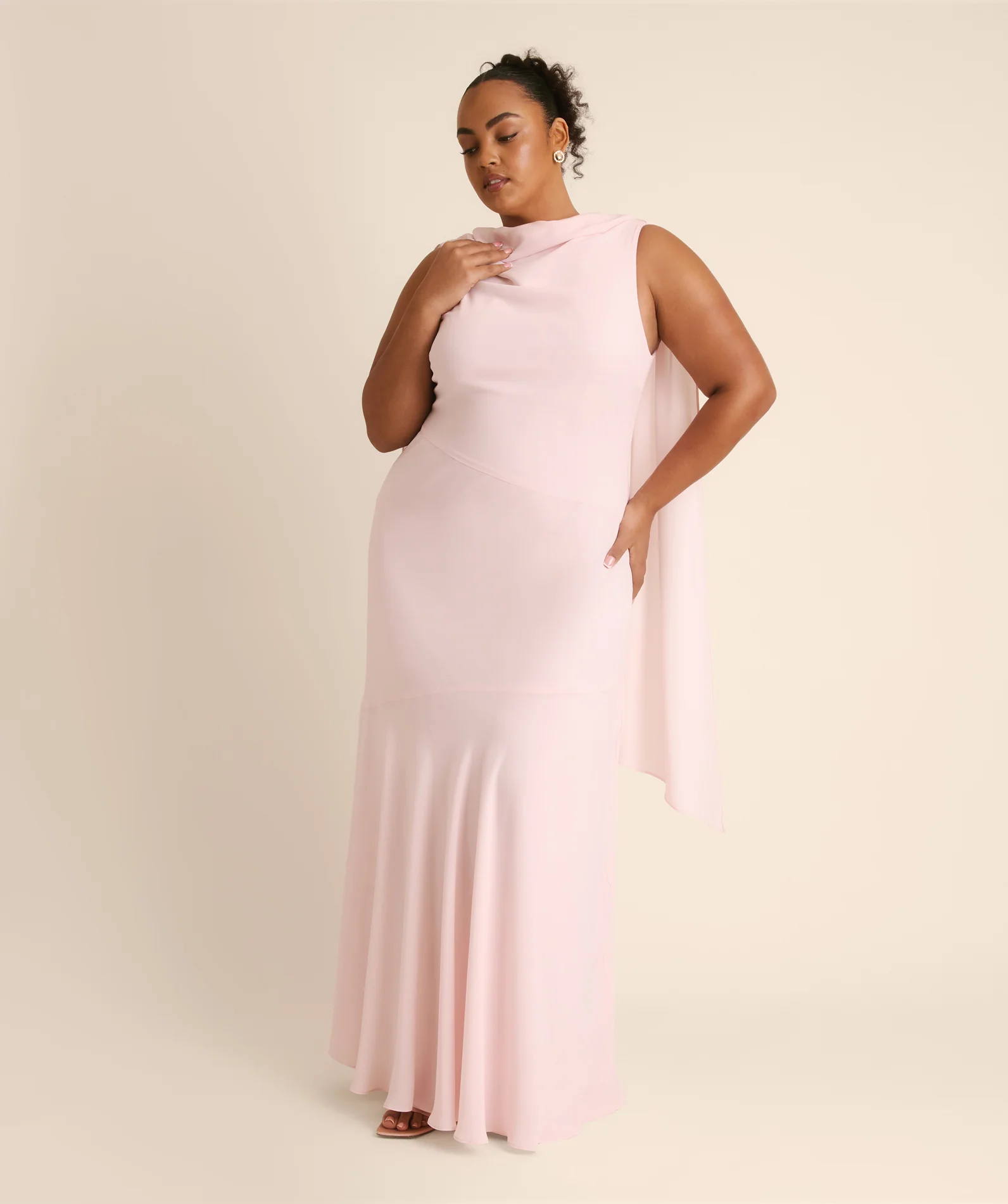 High Cowl Neck Drape Chiffon Bridesmaid Dress - Blush Pink - Image 5