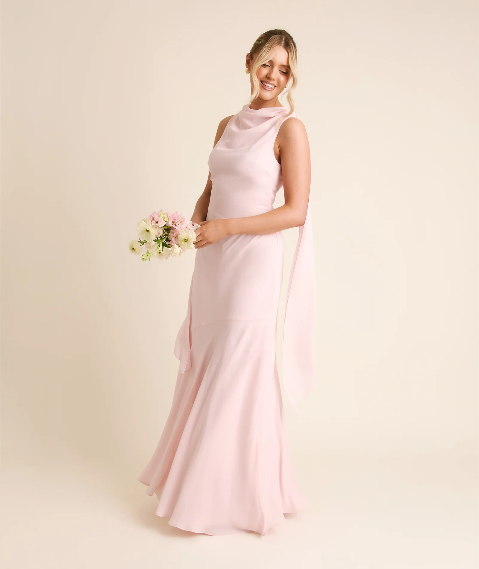 High Cowl Neck Drape Chiffon Bridesmaid Dress - Blush Pink - Image 7