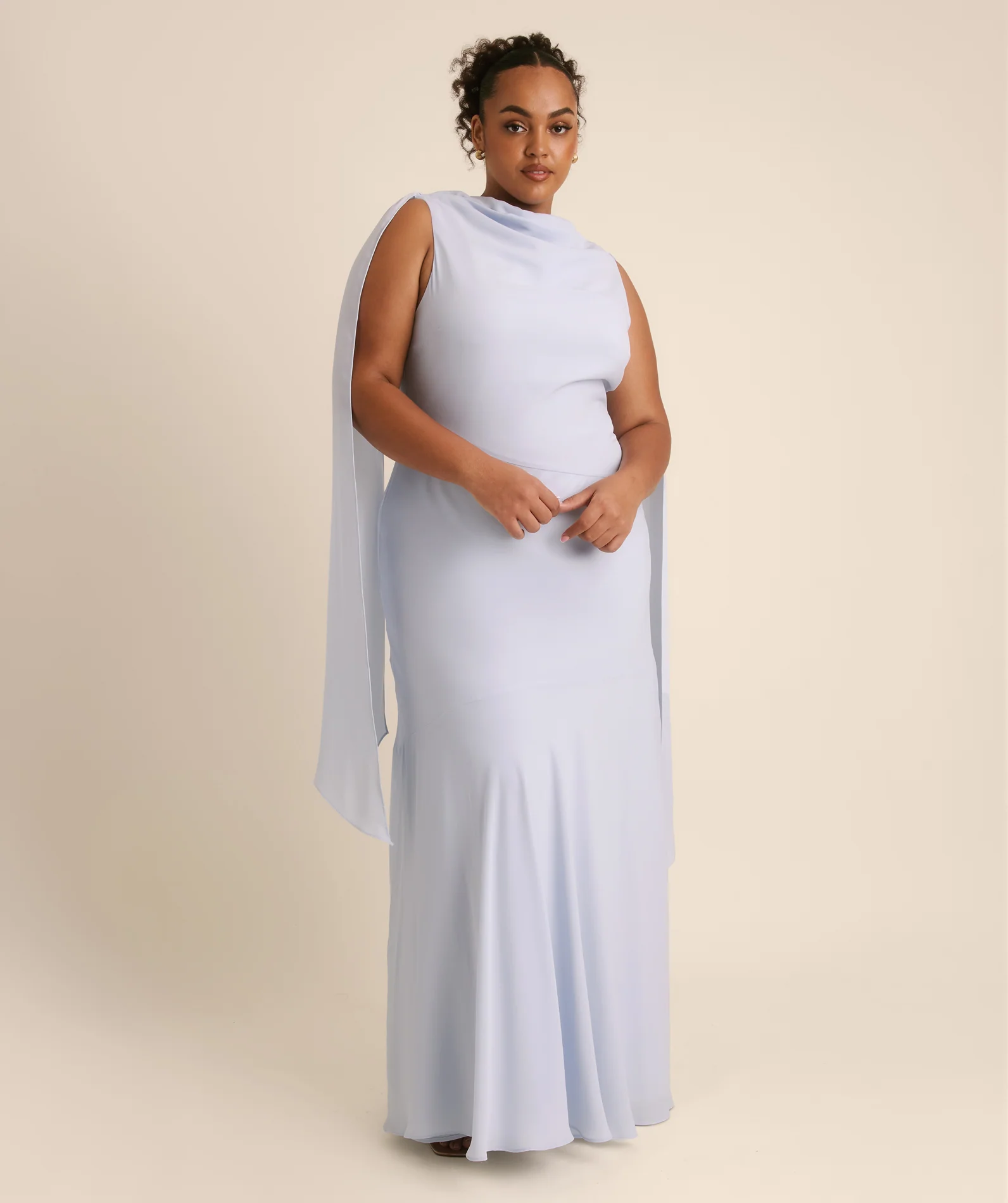 High Cowl Neck Drape Chiffon Bridesmaid Dress - Powder Blue - Image 3