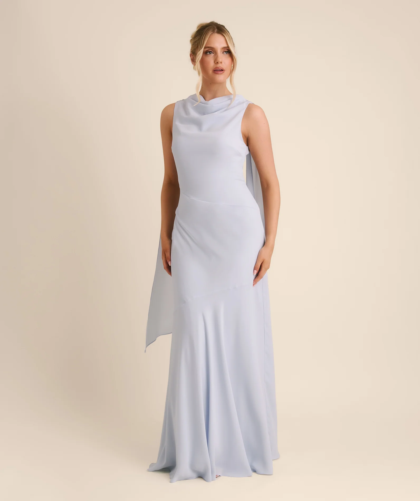 High Cowl Neck Drape Chiffon Bridesmaid Dress - Powder Blue - Image 6