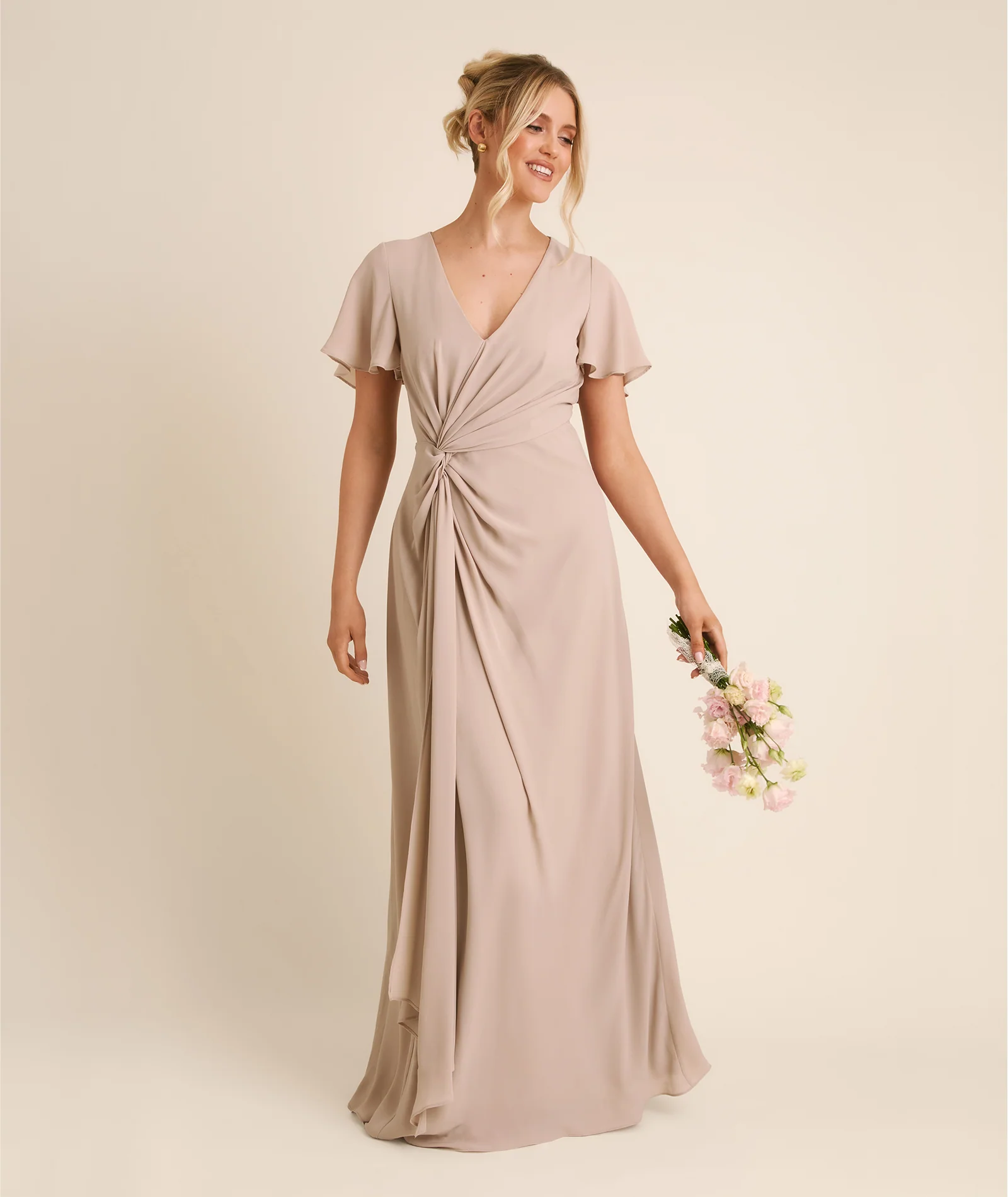 Knot Detail Chiffon Bridesmaid Dress - Taupe - Image 3