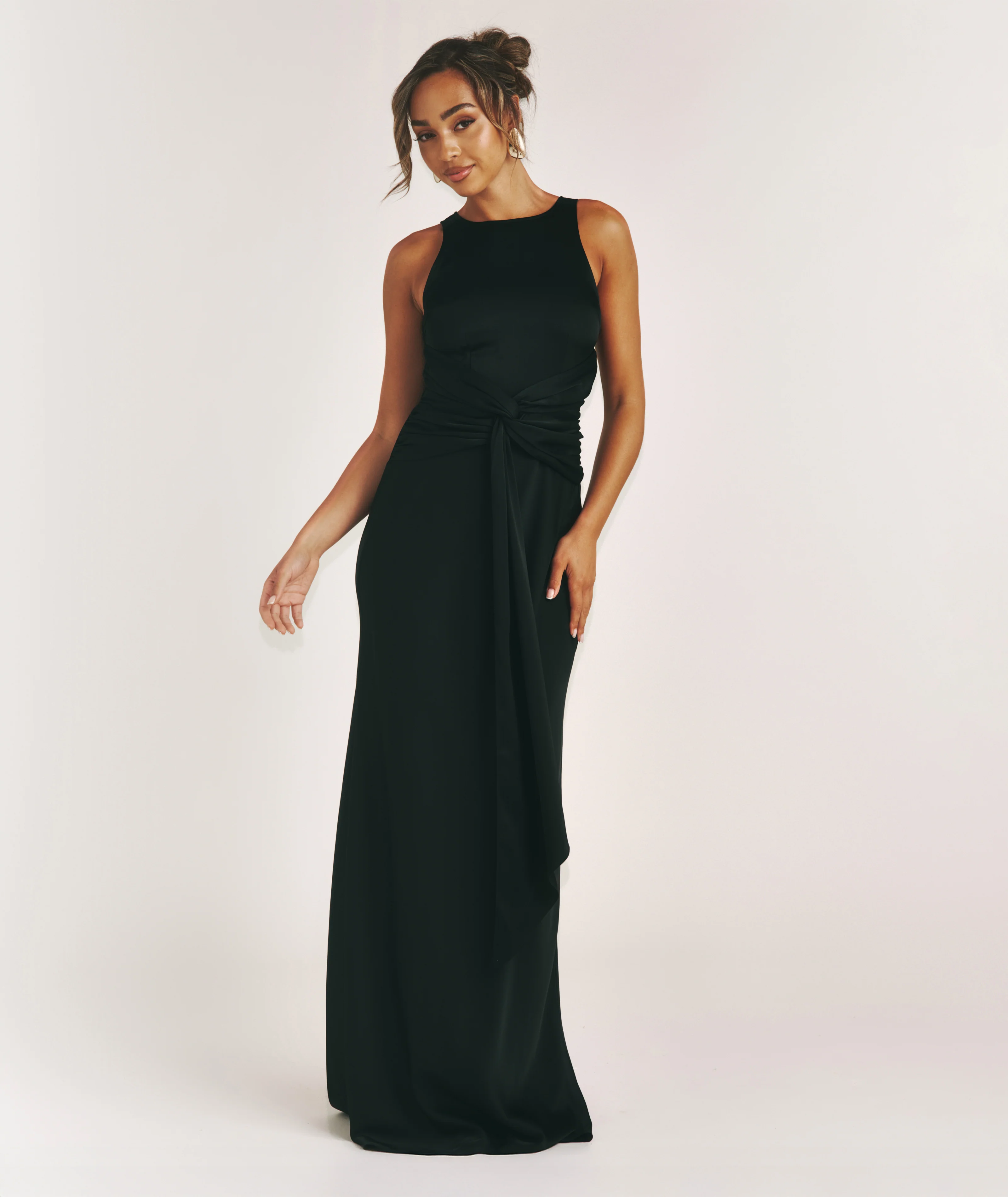 Knot Front Drape Detail Satin Bridesmaid Dress - Black - Image 3
