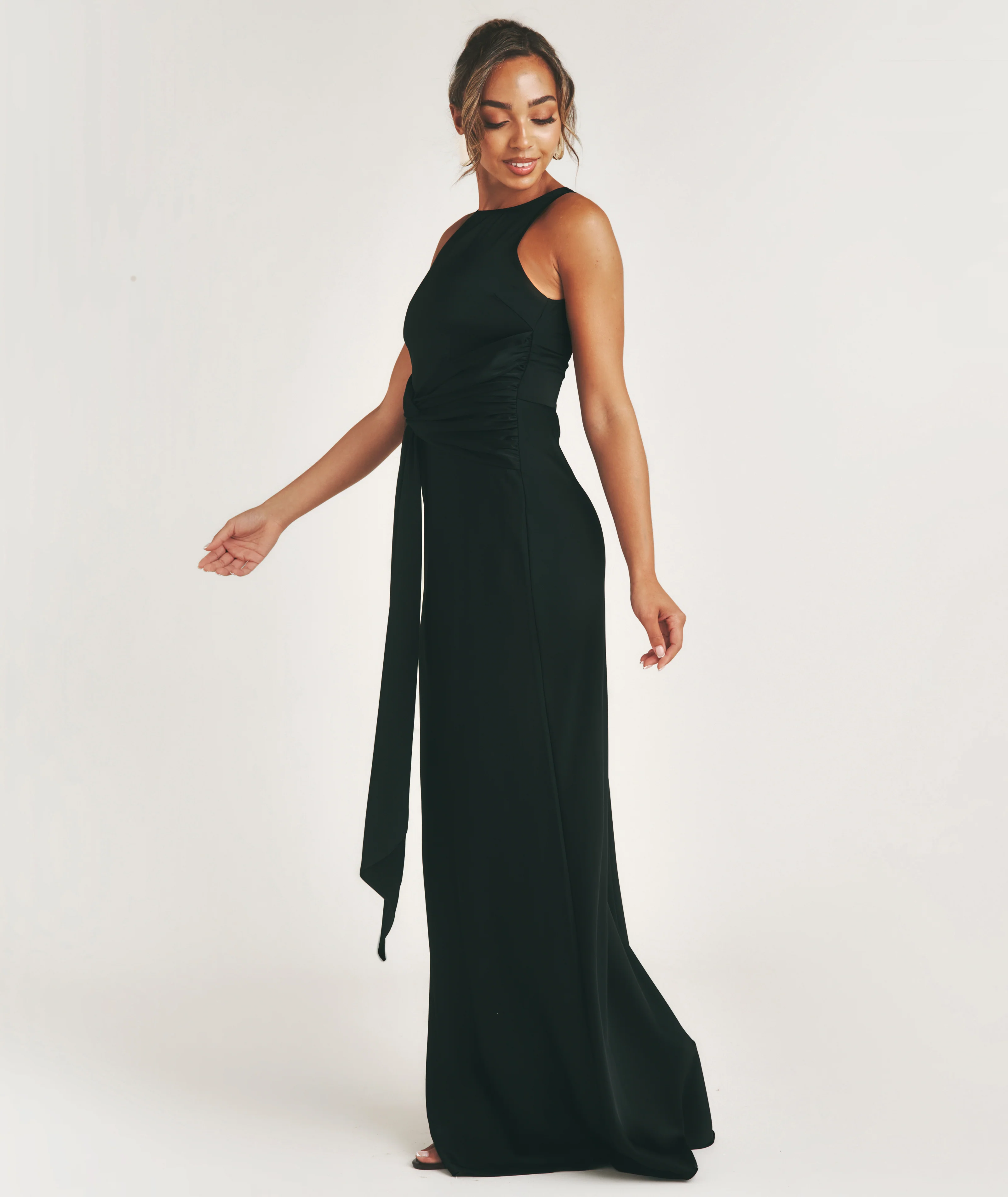 Knot Front Drape Detail Satin Bridesmaid Dress - Black - Image 4