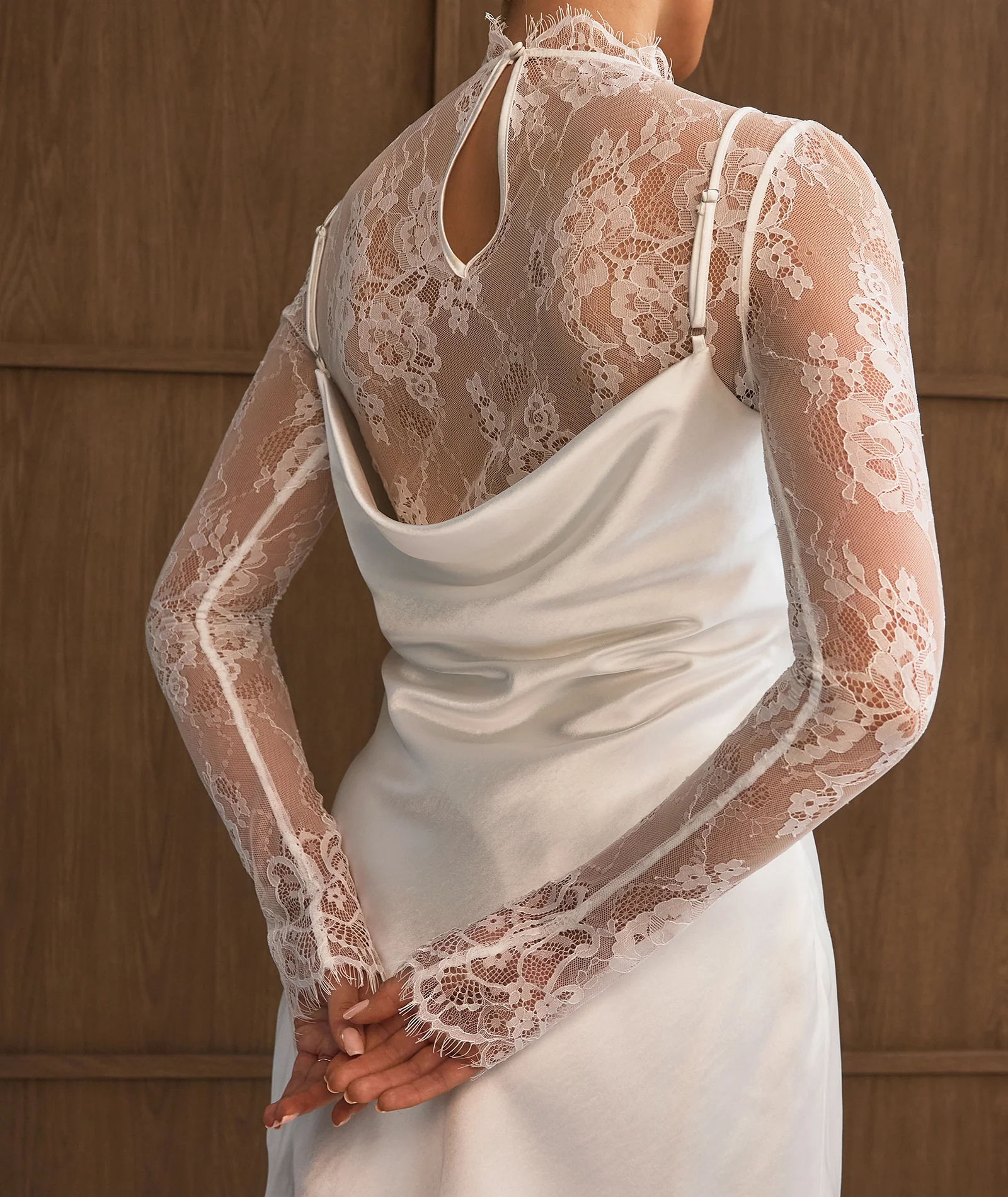 Lace Sleeve Cowl Satin Mini Dress - White - Image 6