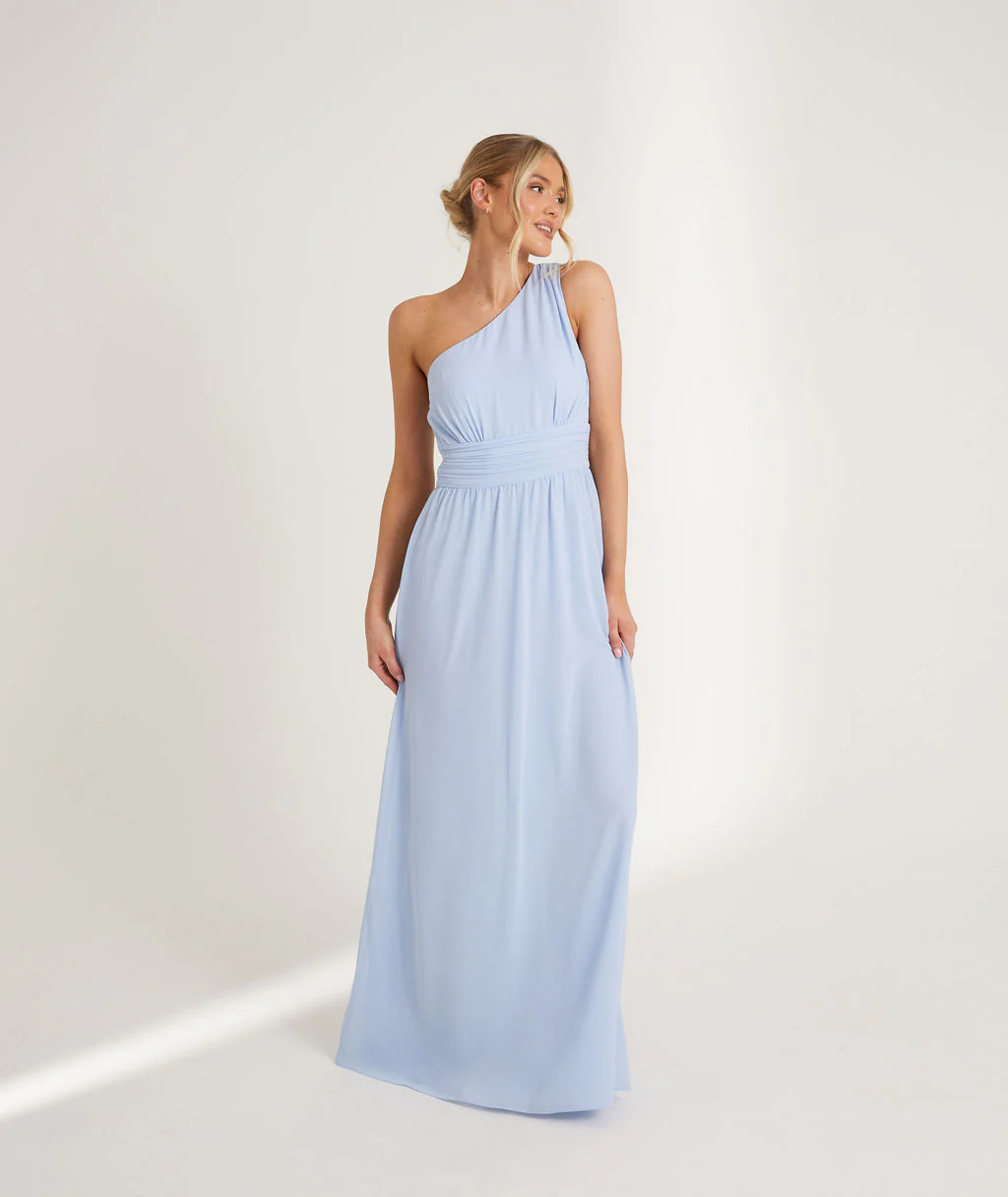 One Shoulder Chiffon Bridesmaid Dress - Cornflower Blue - Image 4