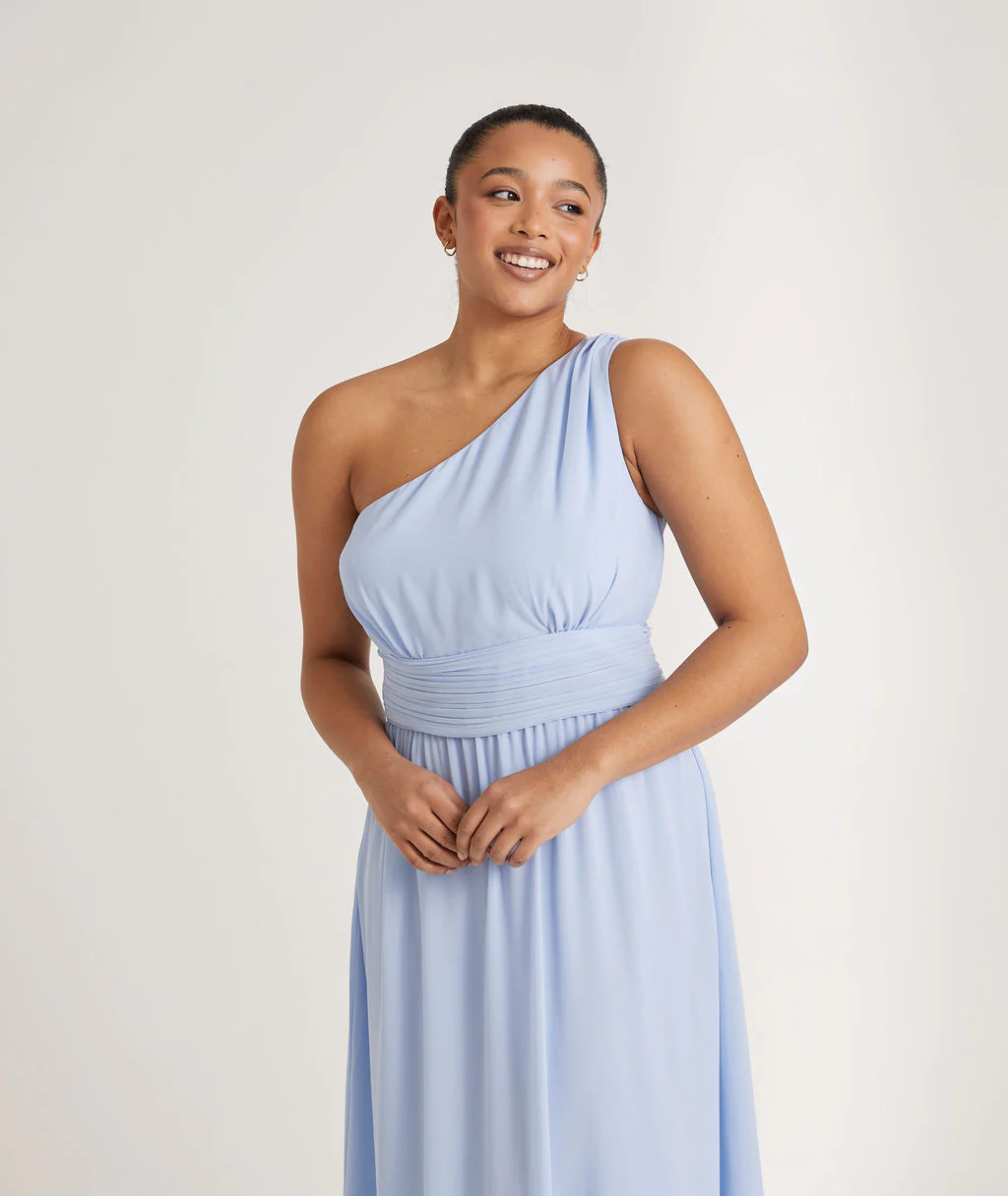 One Shoulder Chiffon Bridesmaid Dress - Cornflower Blue - Image 5