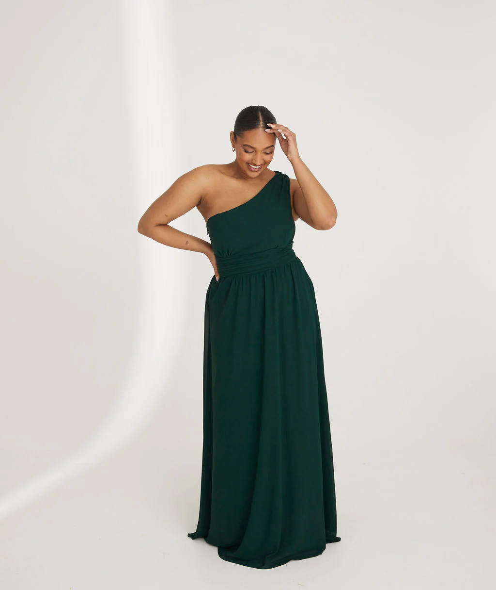 One Shoulder Chiffon Bridesmaid Dress - Emerald - Image 4