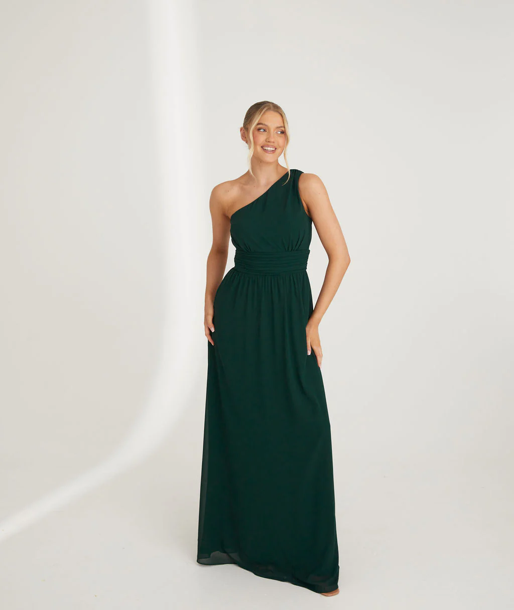 One Shoulder Chiffon Bridesmaid Dress - Emerald - Image 7