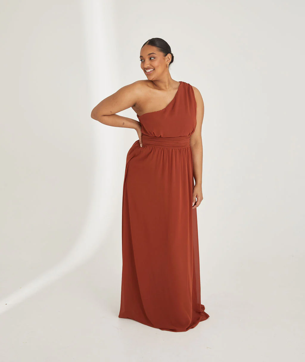 One Shoulder Chiffon Bridesmaid Dress - Rust - Image 4