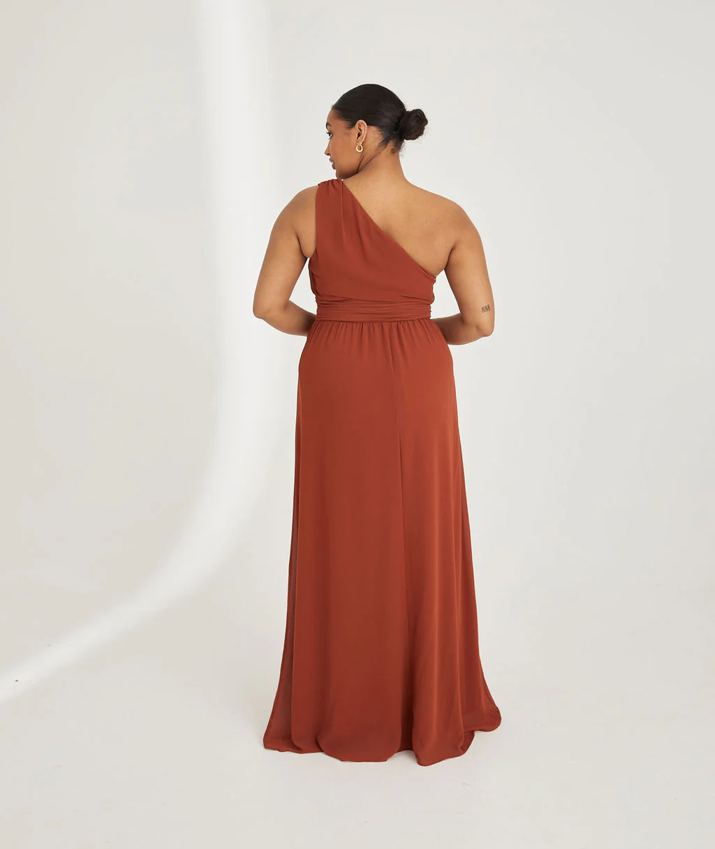 One Shoulder Chiffon Bridesmaid Dress - Rust - Image 5